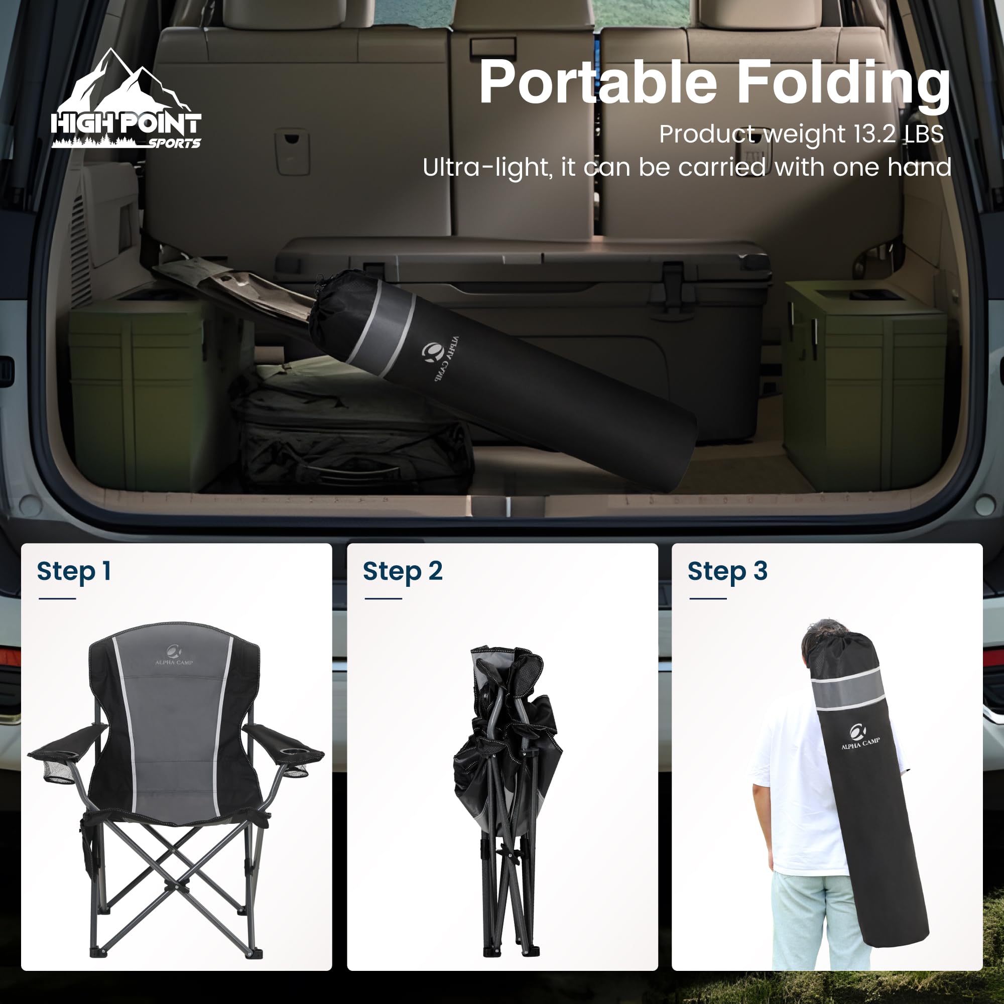 HIGH POINT SPORTS Silla de camping plegable, 160 kg, plegable, con reposabrazos, soporte para bebidas, marco de acero, portátil, color negro y gris, 2 unidades