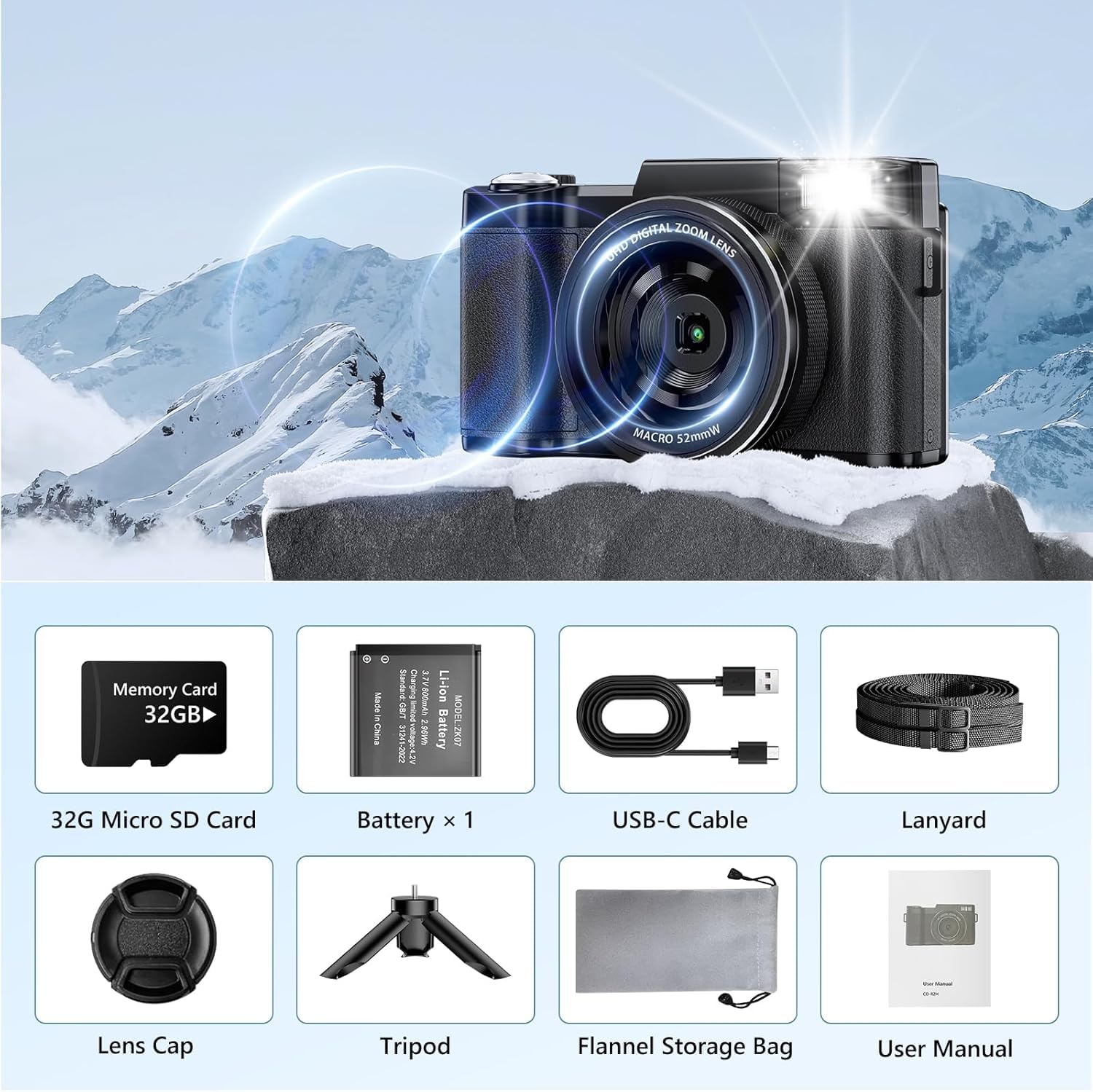 Camara de Fotos 5K 64MP Zoom Digital 18X Camara Digital Enfoque Automático, Pantalla IPS de 3" 180°, Camara Vlogging con Tarjeta de Memoria de 32GB, Batería de 800mAh, Ideal para Principiantes Jóvenes