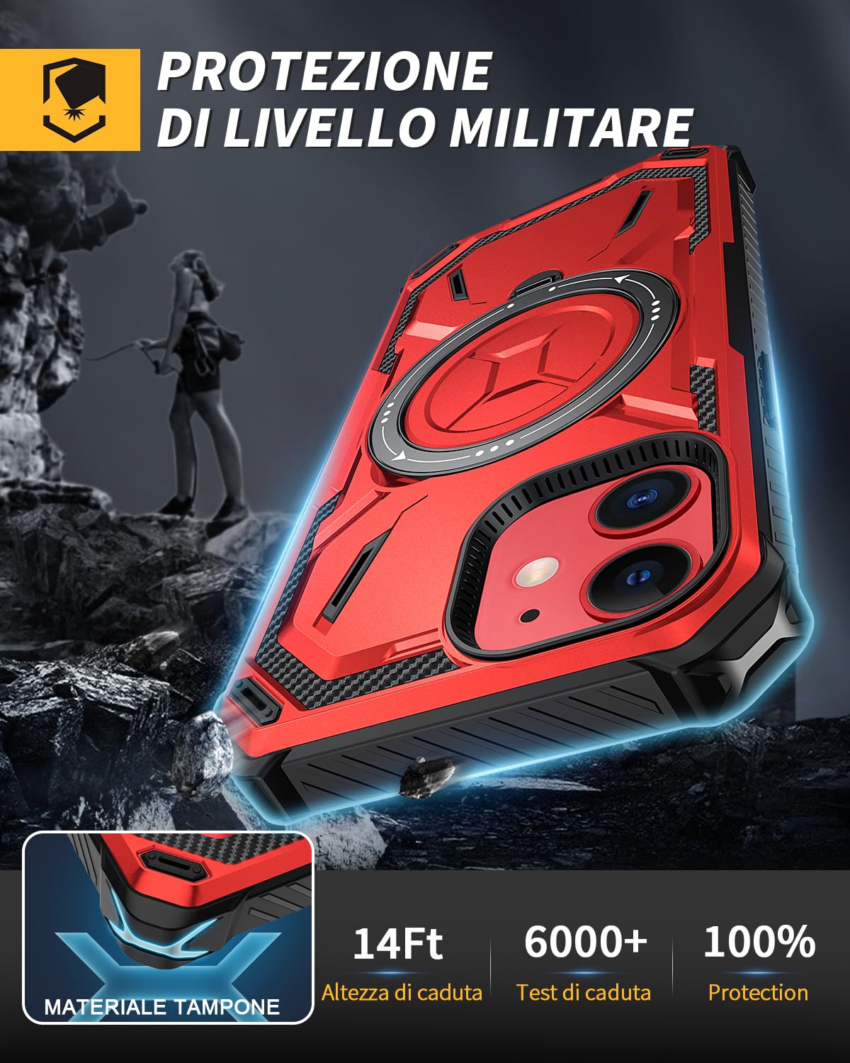 Lanhiem Cover per iPhone 11 con 2 Pezzi Vetro Temperato, 16FT Antiurto Anticaduta Militare,Supporto Magnetico Anello a 360° Protezione Armor Protezione, Custodia per iPhone 11, Rosso