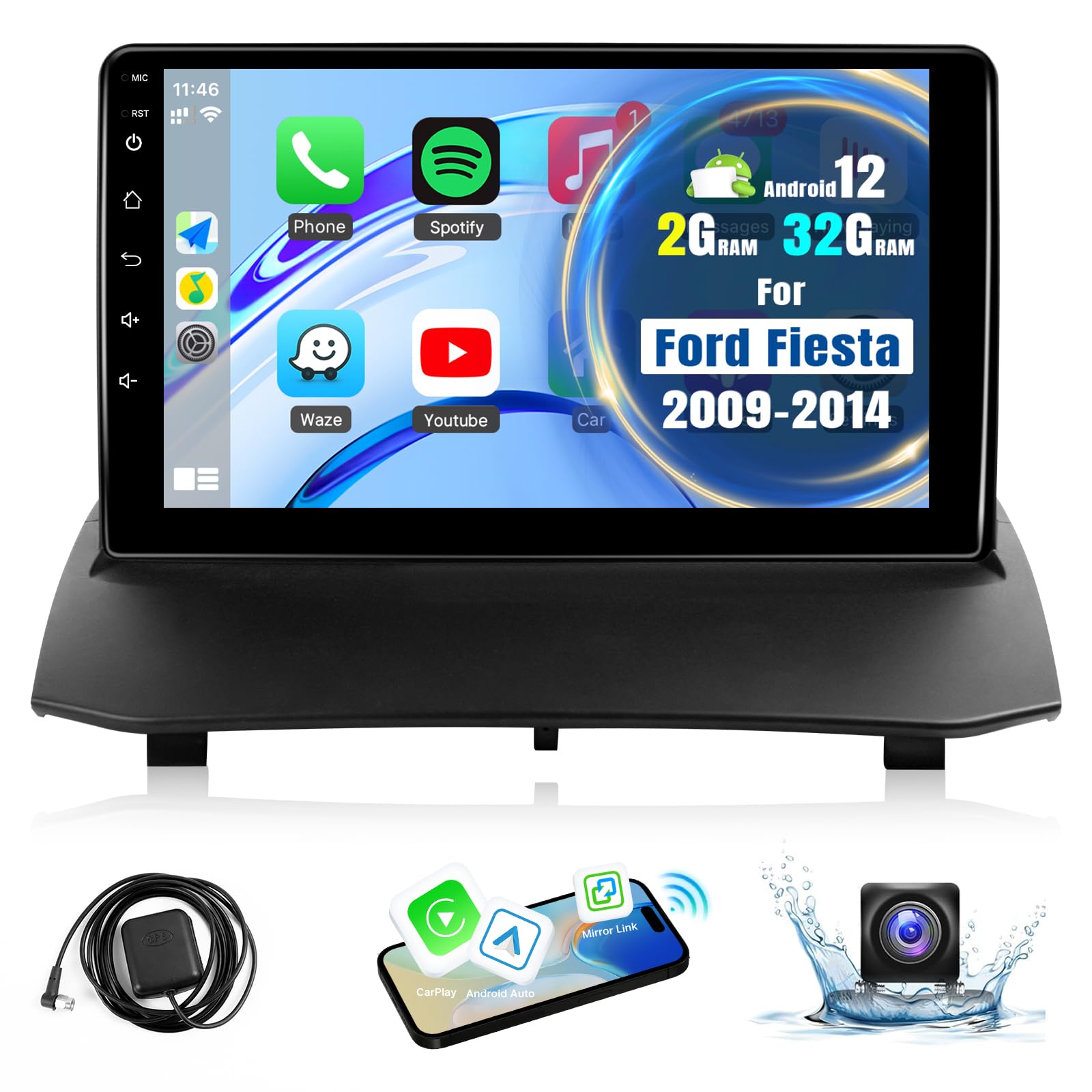 Leadfan Car Stereo for Ford Fiesta 2009-2014 Radio Upgrade with Wireless CarPlay Android Auto, 9 Inch Touchscreen in-Dash Bluetooth WiFi GPS Navigation MirrorLink SWC FM Units + Backup Camera