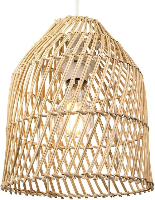 Traditional and Classic Bell Shaped Light Brown Twist Rattan Wicker Ceiling Pendant Lighting Shade | 60w | 25cm Height by Happy Homewares