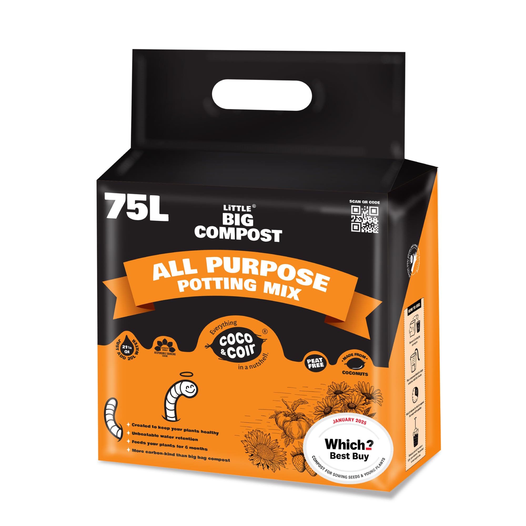 Coco & Coir All Purpose Compost. Peat-free Coco Soil for Plants Indoors. Potting Soil Fertilised with NPK - Coco Boost (75L)