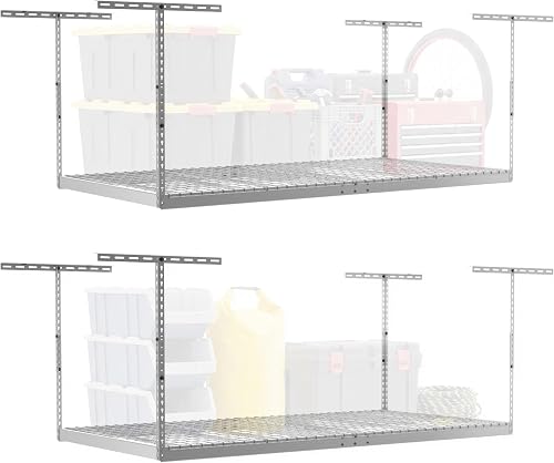 SafeRacks 4x8 Overhead Garage Storage Rack 2-Pack, 600 lb Capacity, Adjustable 24-45 Inch Ceiling Mount White