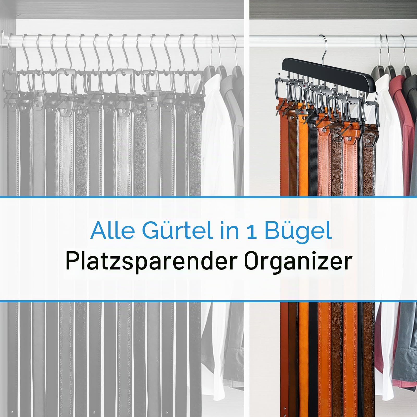 Resovo Gürtelaufhänger für Schrank, max. 42 Gürtel, Gürtel-Organizer, Schrankzubehör mit 14 Haken, Gürtelablage, stabiles Holz, für Schrank-Organizer und Aufbewahrung, 2 Stück, Schwarz