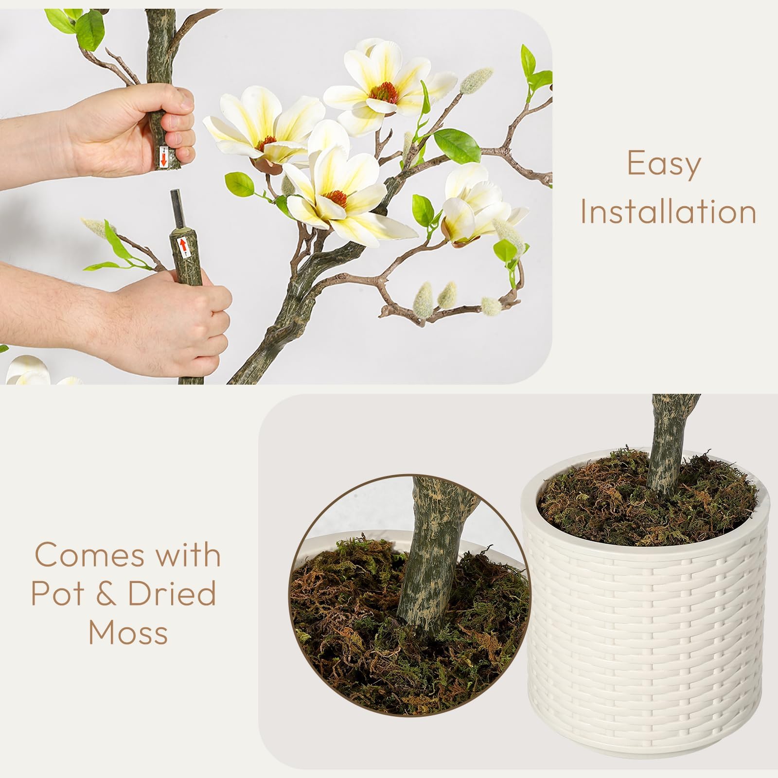 IDEALHOUSE Künstlicher Magnolienbaum im Topf 120 cm - pflegefrei für Indoor/Outdoor - realistische Blüten & grüne Blätter - inkl. weißem Topf mit Moos - Deko Terrasse/Garten/Büro - Farbe: 4FT