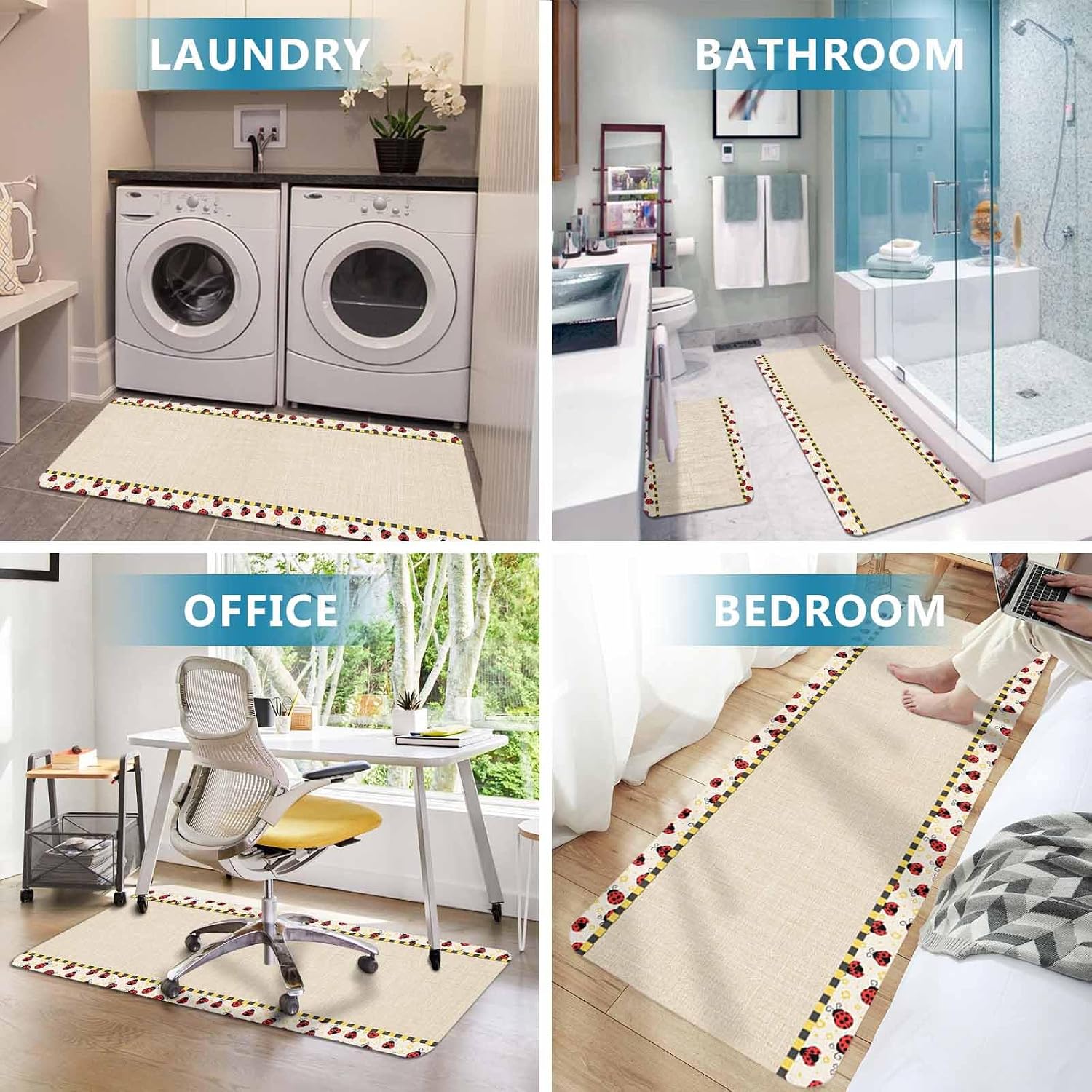Ladybug Kitchen Mat Set 2 Pieces Yellow Daisy Floral Insects Pastoral Style Linen Texture Non Slip Kitchen Rugs Washable Runner Rug Mats for Floor Sink Laundry Office 15.7" x 23.6"+15.7" x 47.2"