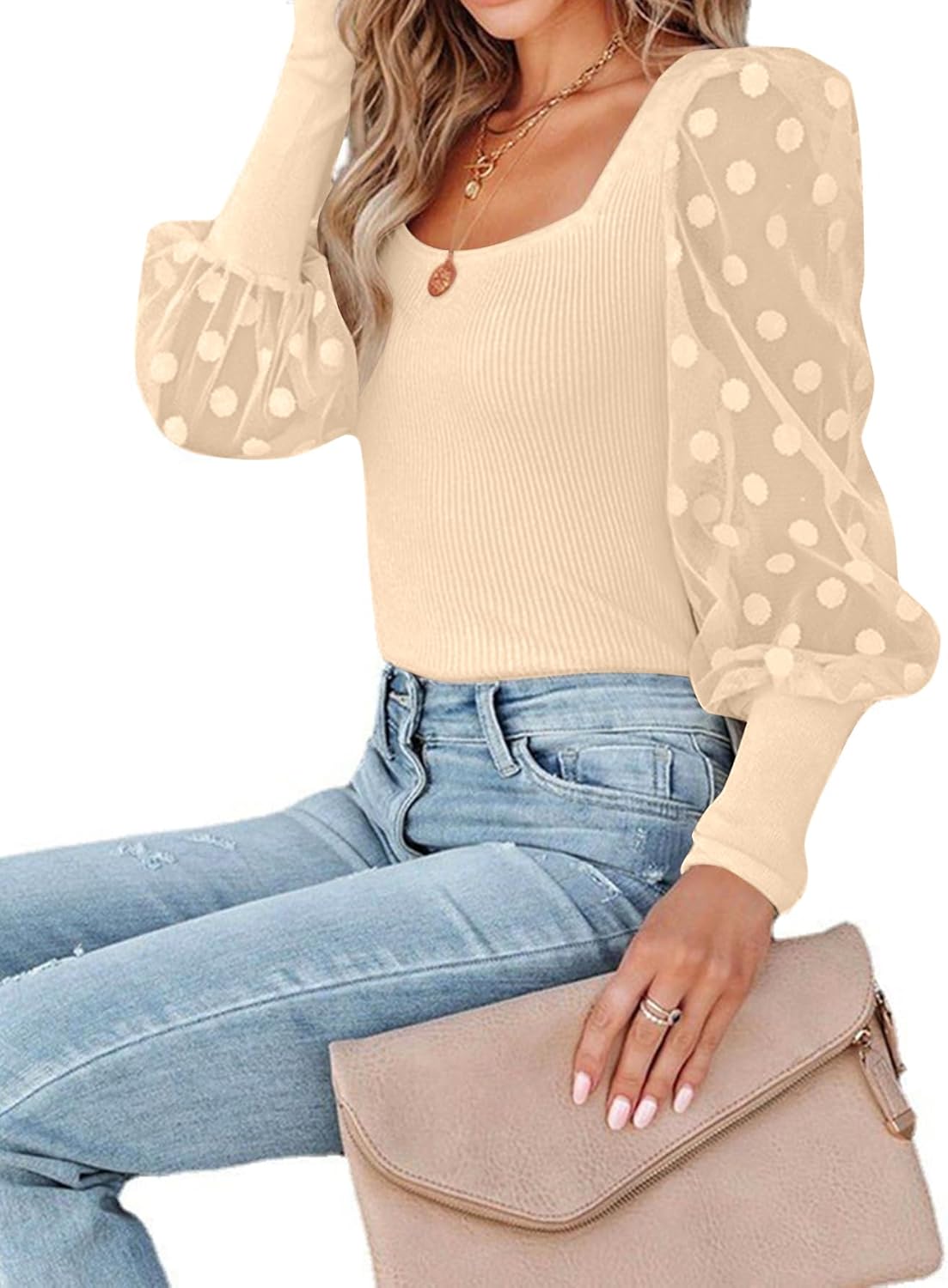 LYANER Women's Square Neck Blouse Sheer Mesh Lantern Sleeve Polka Dot Knit Business Casual Tops Shirts - Image 6