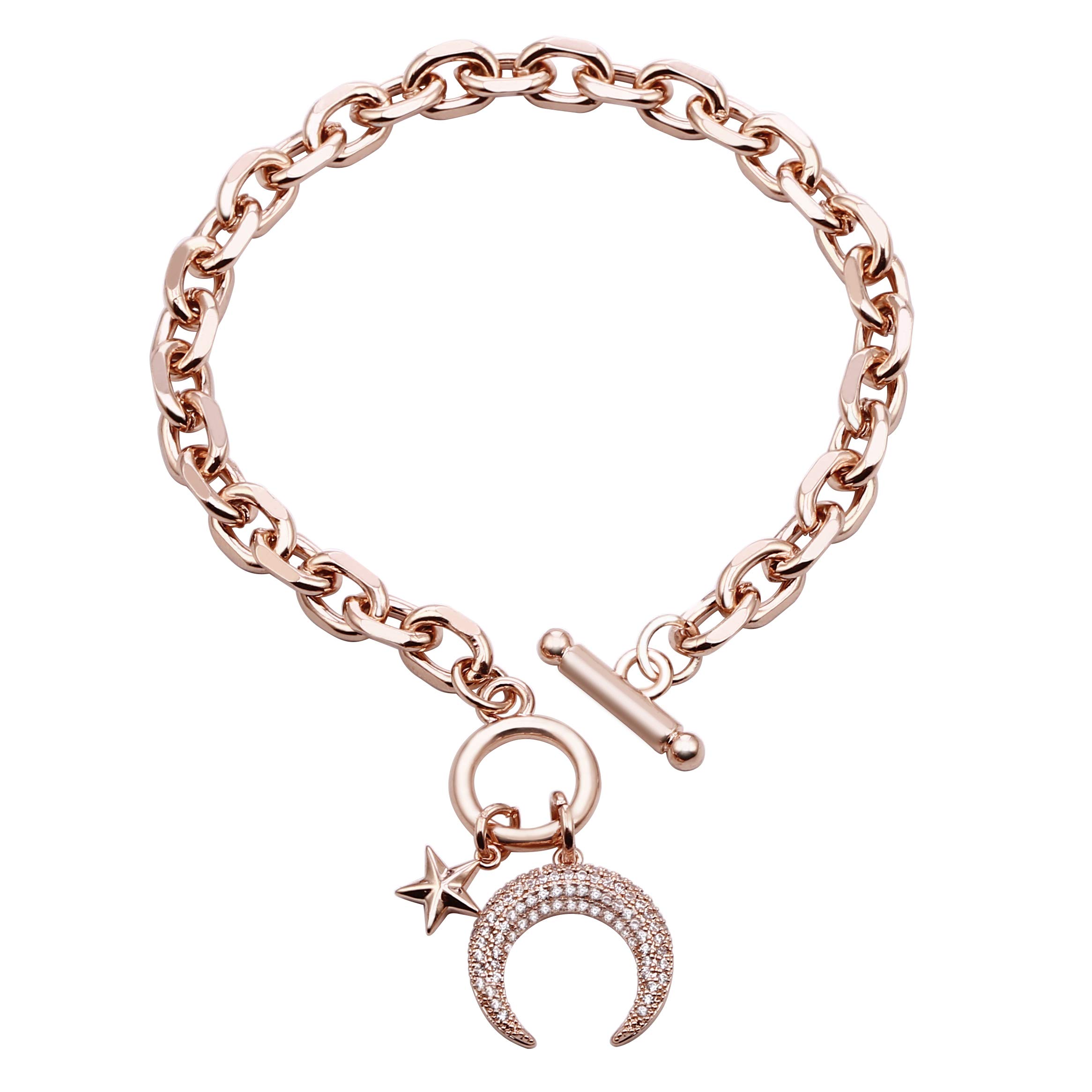 PengJin – Women’s Gold Bracelet, Copper Chain with Moon and Star Combination, Pendant Embedded with Cubic zircons, Gorgeous Jewels for Ladies, Girls, Lovers