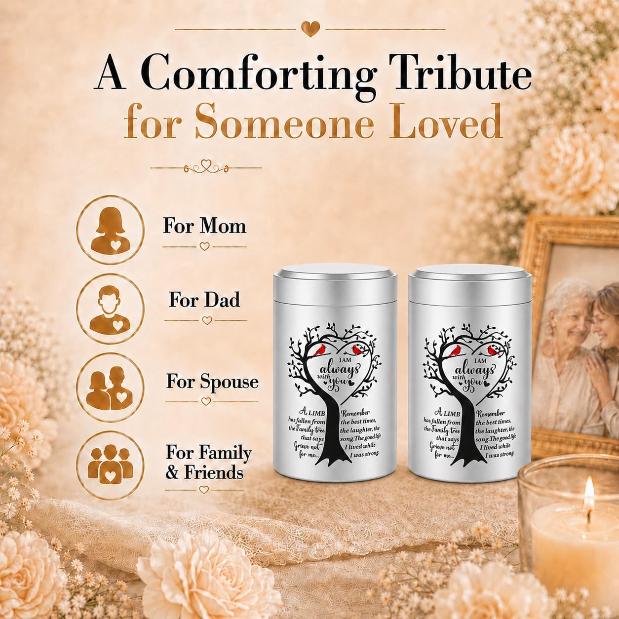 Set of 2 Small Urns for Human Ashes Keepsake, 3.62 Inch Mini Cremation Urns for Human Ashes, Memorial Funeral Sharing Keepsake Urns Set with Two Cardinal Birds, Silver