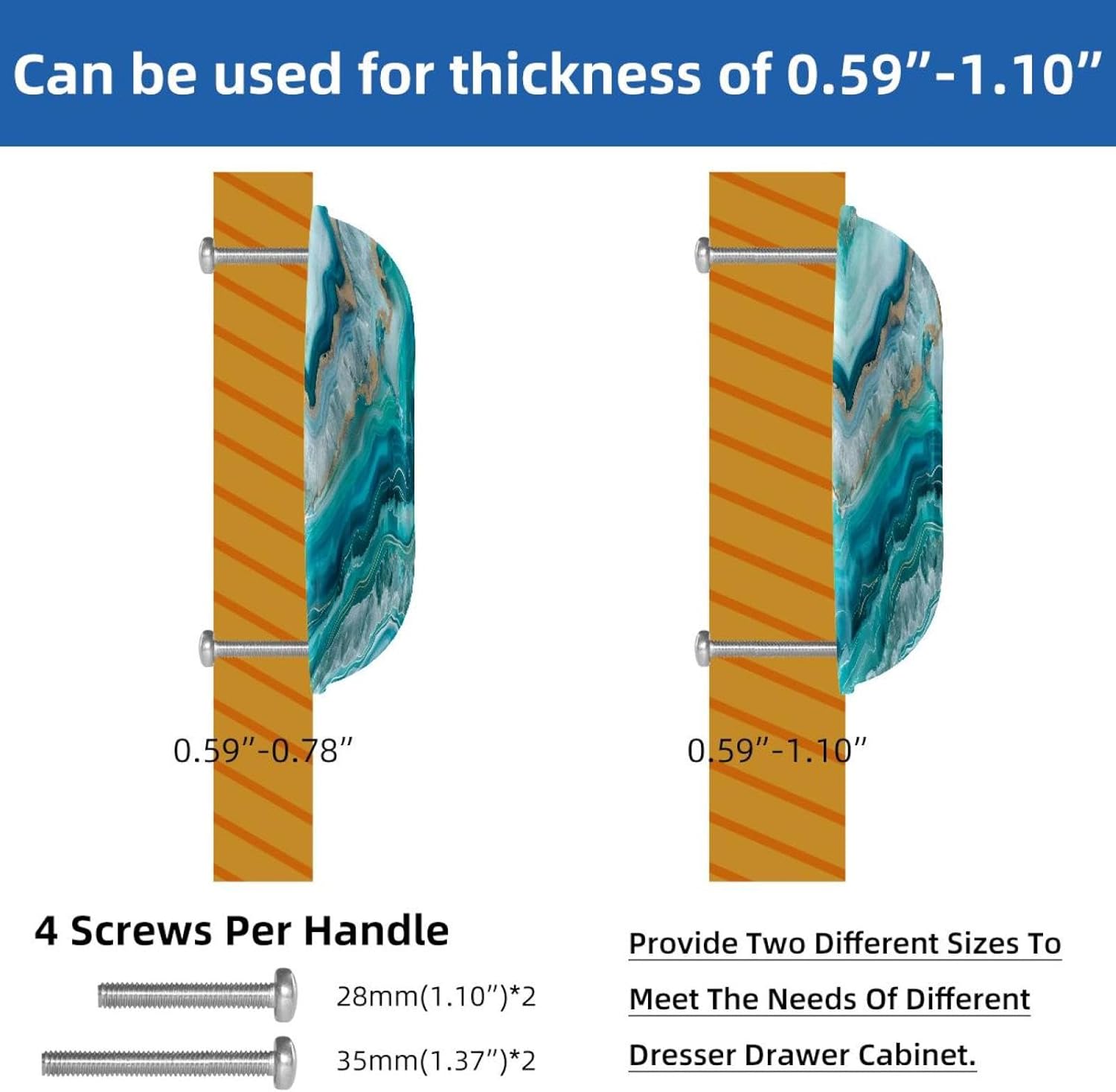 NEWzone 6 Pack Cabinet Cup Pull Teal Agate Drawer Pulls Cabinet Handles for Cabinets and Drawers, 2.6 Inch Hole Centers Dresser Handles, Kitchen Cabinet Hardware