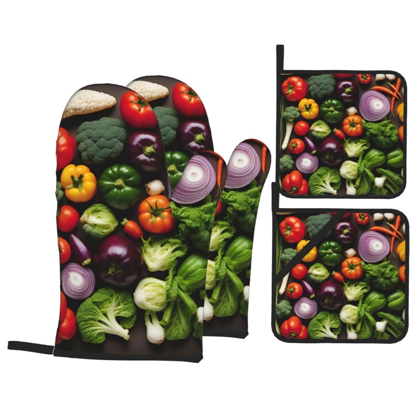 Introduction of various vegetables Print 4-Piece Oven Microwaving Set Kitchen Gloves for Holiday Cooking Baking Grilling