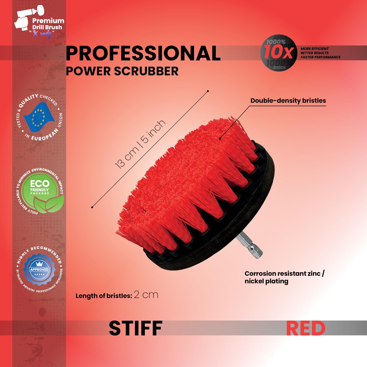 Premium Drill Brush Professional – Stiff 5 in Red | Scratch-Free Outdoor Cleaning Brush for Patio Bricks, Decking, Garden Tools, Lawn Mowers, Bicycles, Car Wheels, Pool Tiles and Boat Hulls