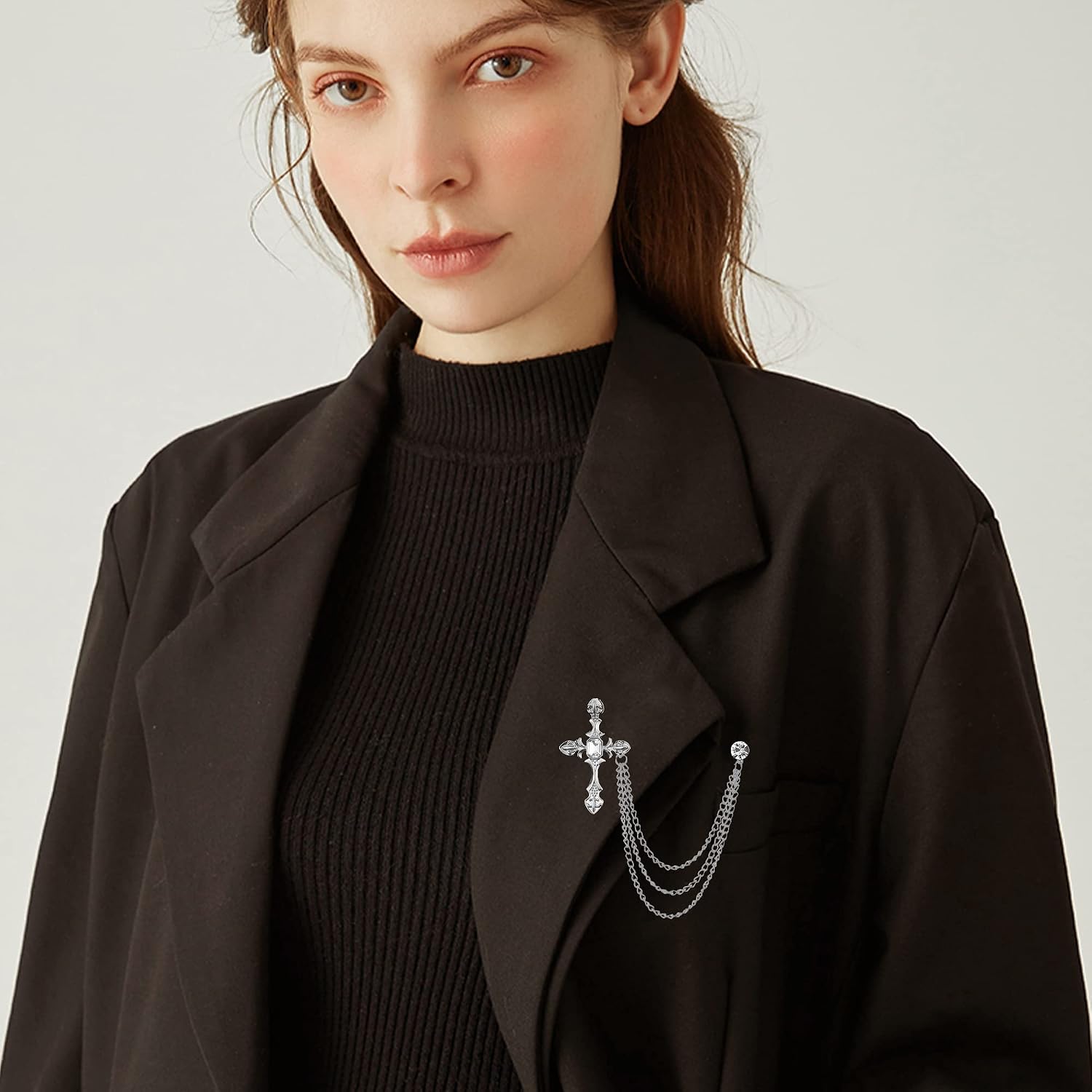 Cross Gold Silver Men'S Brooch Suit Pin with Gem Rhinestone Buckle Brooches Chain tassel Lapel Collar Pins Shirt Decoration Metal Tie Clips Brooch Pins Women Coat Pin with Gift