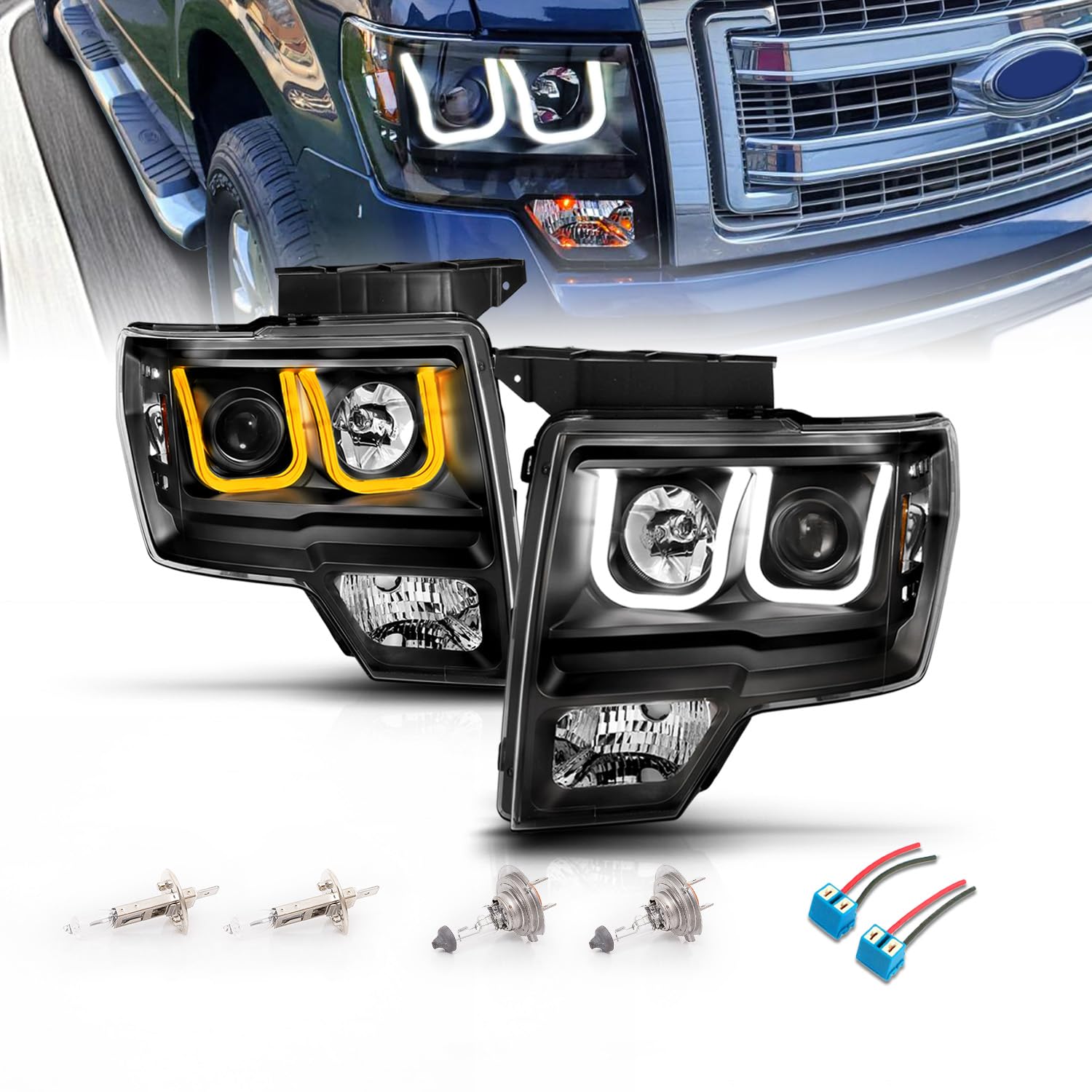 AmeriLite for Ford 2009-2014 F150 U-Bar Switchback LED Tube Black Projector Headlights Set Turn Signal Lamp - Passenger and Driver Side