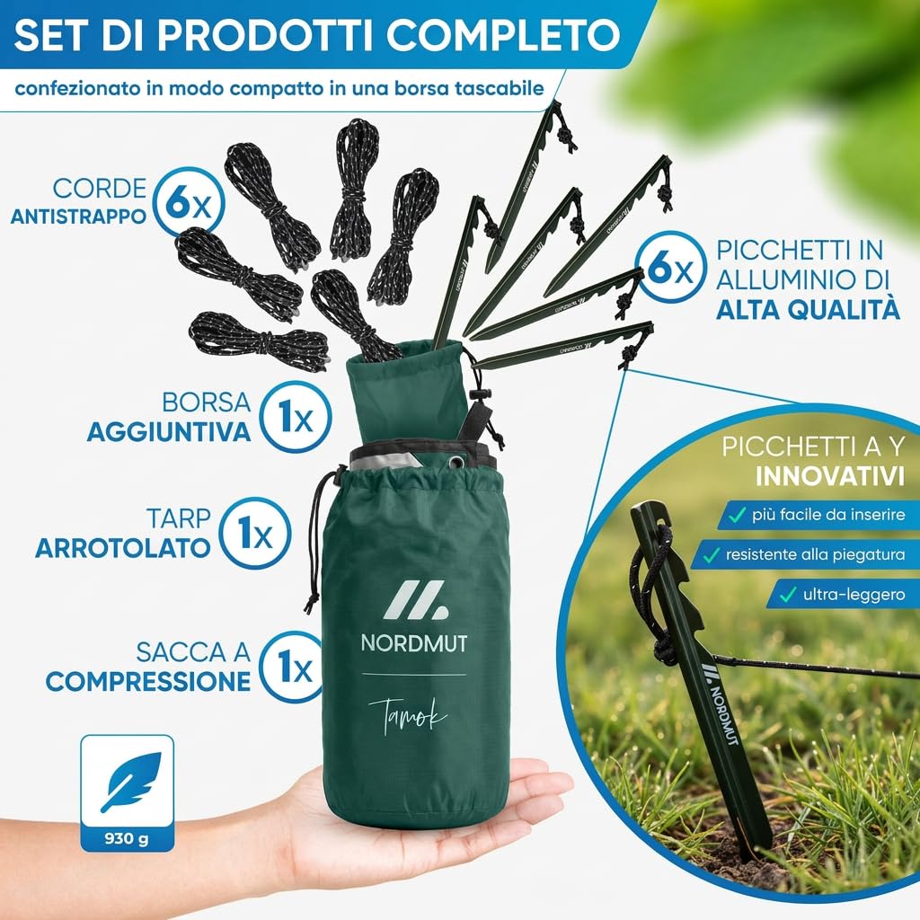 NORDMUT® Tarp 3x3/4m Impermeabile – Protezione Ottimale da Pioggia e Sole – Telo Robusto con Occhielli, Compatto – Ultralight per Campeggio & Escursionismo (Verde / 300 x 300 cm)