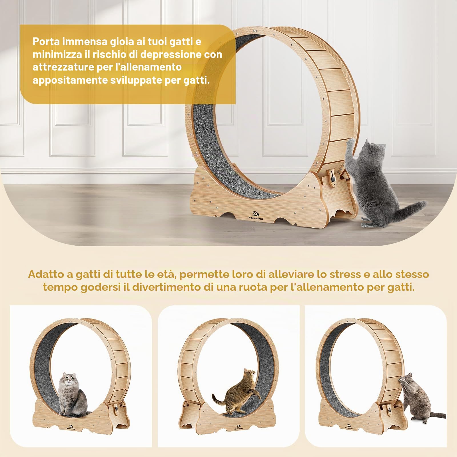 ruota per gatti XXL colore legno naturale – Ruota per gatto diametro 135cm, silenziosa e robusta per esercizio e intrattenimento in casa – Design elegante, ideale per gatti grandi e attivi