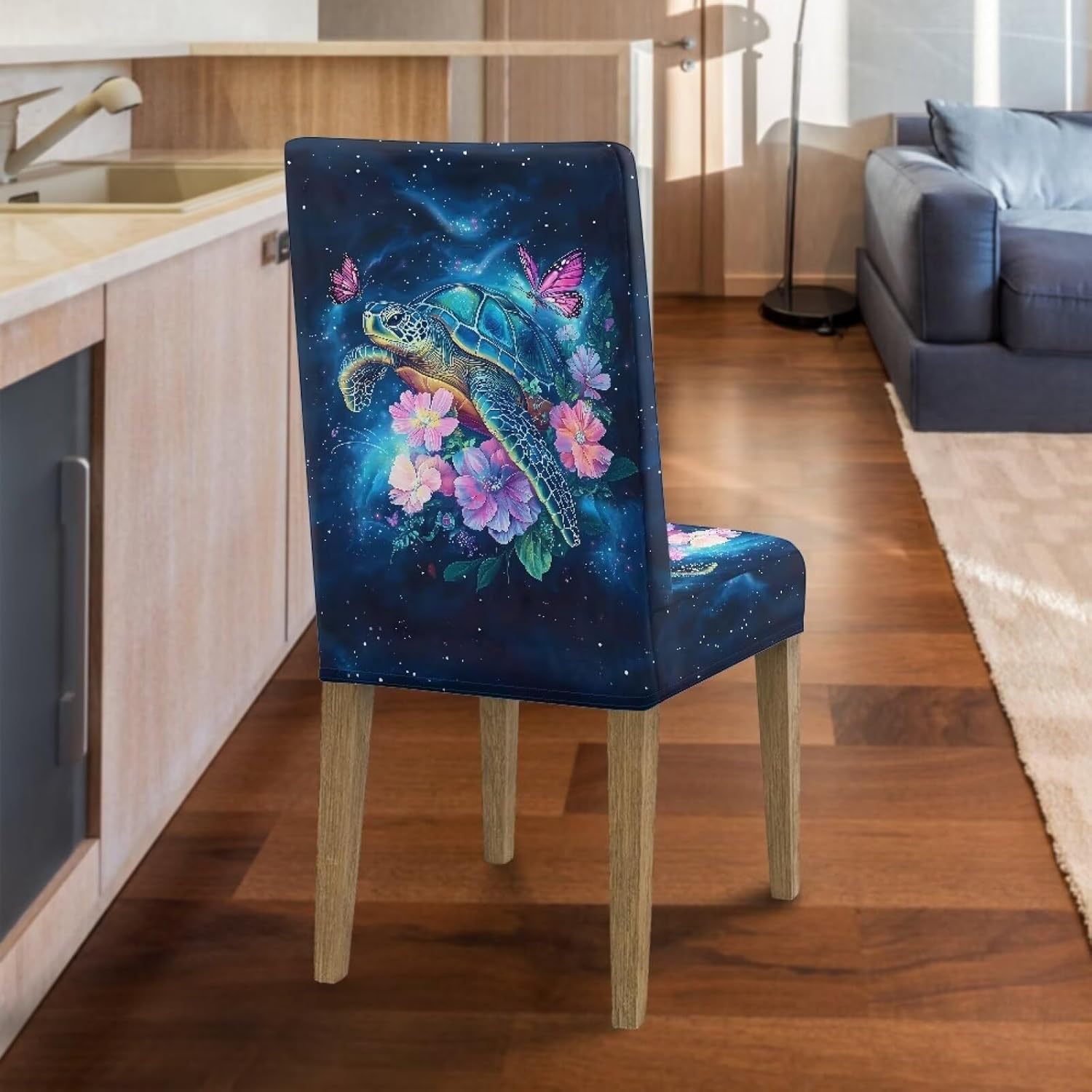 Wanyint Stretch Dining Room Chair Slipcovers Set of 4, Universal Fit Soft Dining Chair Cover Pet Friendly Furniture Protector for Holiday Home Decor, Sea Turtle Flower Butterfly Galaxy