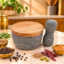 Twin Palmyra Stone Mortar and Pestle with Wooden Lid, Natural Stone, 13 cm, 2.4 kg | For Curd Setting
