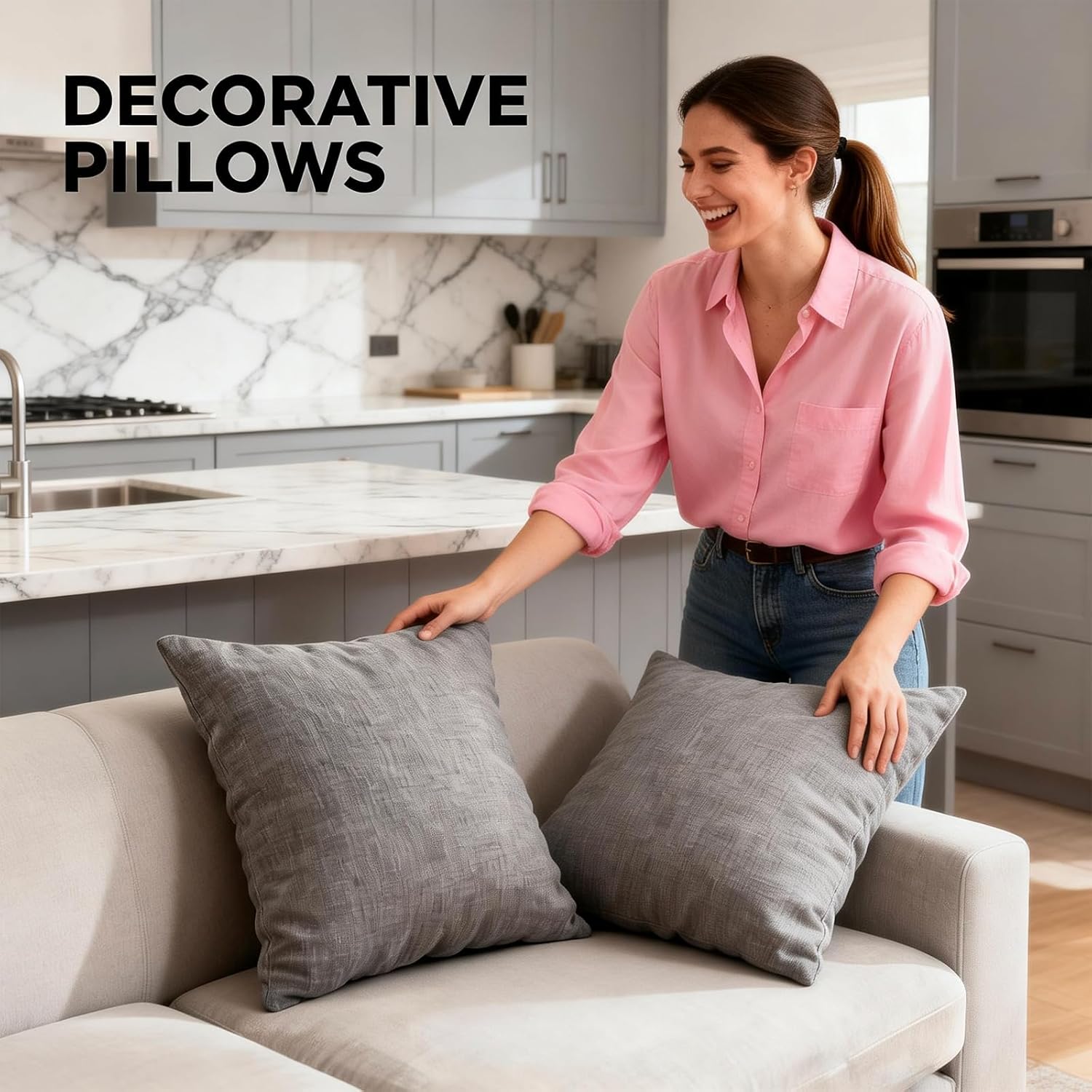 Throw Pillows with Inserts Included, 18x18 Couch Pillows for Living Room & Outdoor,Boho Decorative Pillows for Sofa, Bed, Patio, All-in-One Cushions, 2 Pack,Grey