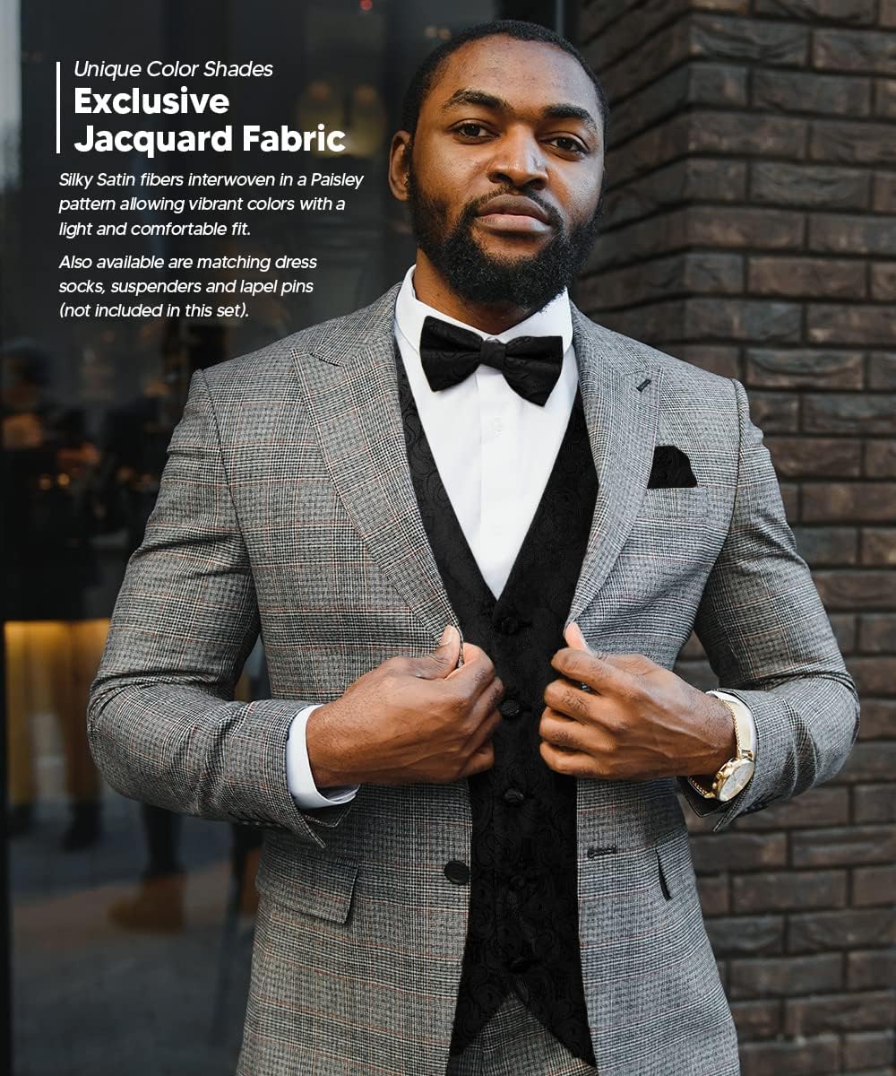 Formal Paisley Satin Suit Vest for Men Set of 4 - Vest, Tie, Bow Tie & Pocket Square (Black Back)