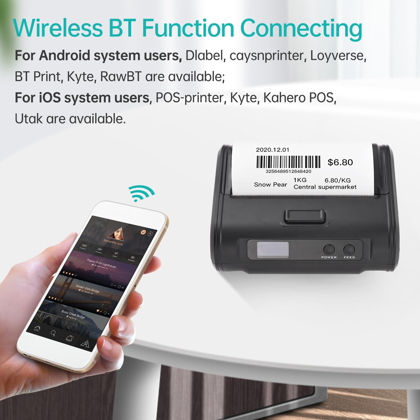 Walfront Impresora Térmica Portátil sin Tinta 4 Pulgadas 110mm, Inalámbrica con Conexión USB y Bluetooth, para Pequeñas Empresas, Cocina y Restaurante