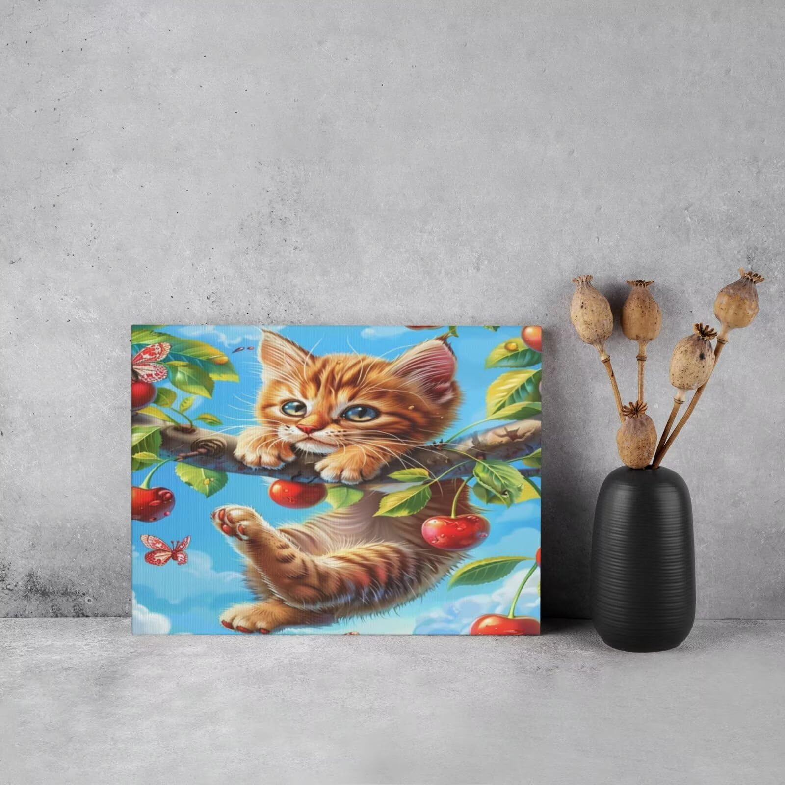 Kit per pittura con numeri per adulti, ciliegia, gatto pittura con numeri per principianti, pittura acrilica con 6 pennelli, pittura ad olio per decorazione da parete, 100 x 75 cm, senza cornice) MK95