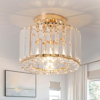 Modern Crystals Ceiling Lighting Fixtures, Gold Small Ceiling Lamp, Semi Flush Mount Ceiling Light for Kitchen Hallway Dining Rooms Living Rooms