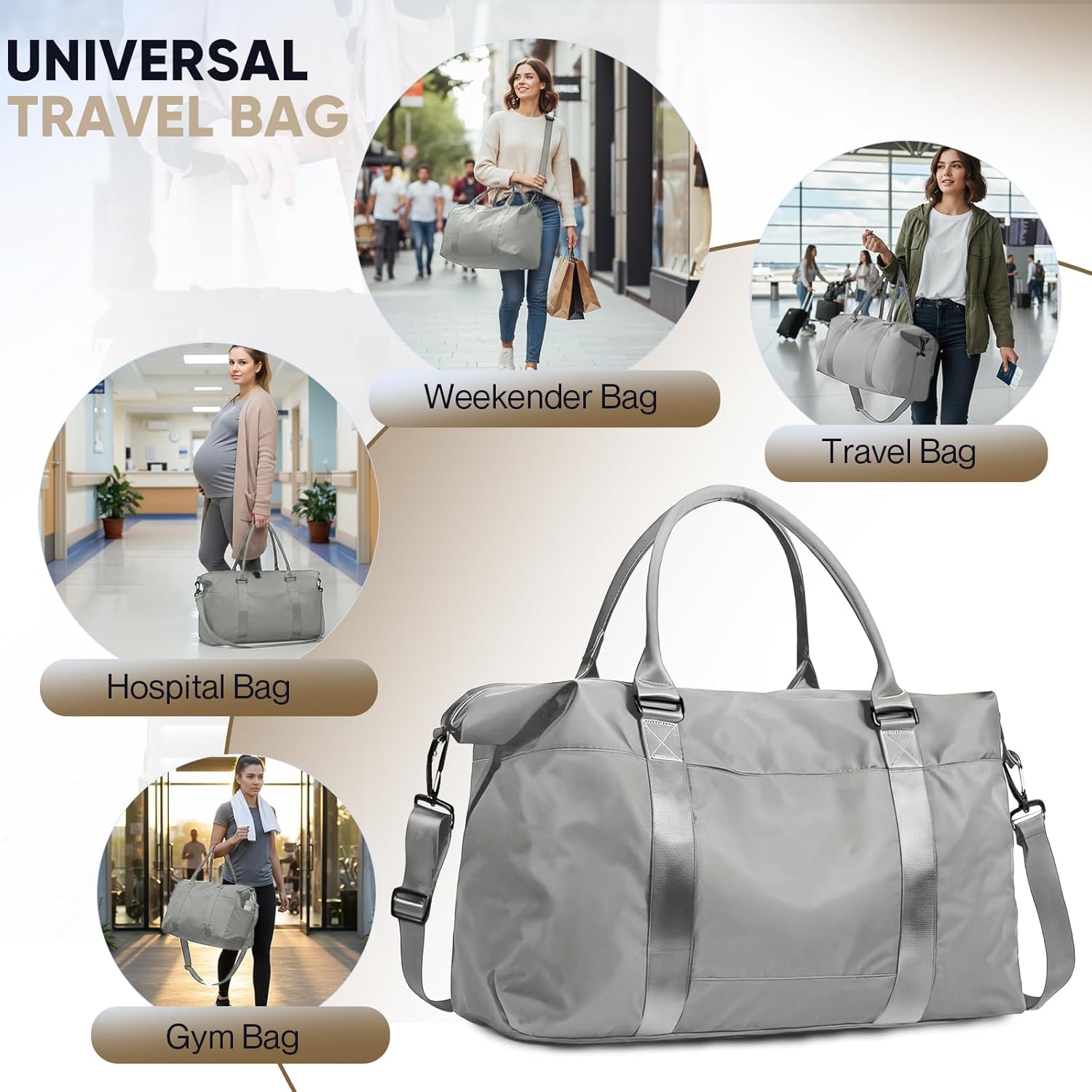 Travel Duffle Bag, Weekender Travel Bag Men Small Gym Bag for Women, Hospital Bag for Labor and Delivery, Overnight Bag Luggage Bag with Trolley Sleeve, Airplane Travel Essentials for Flying(Grey) - Image 7