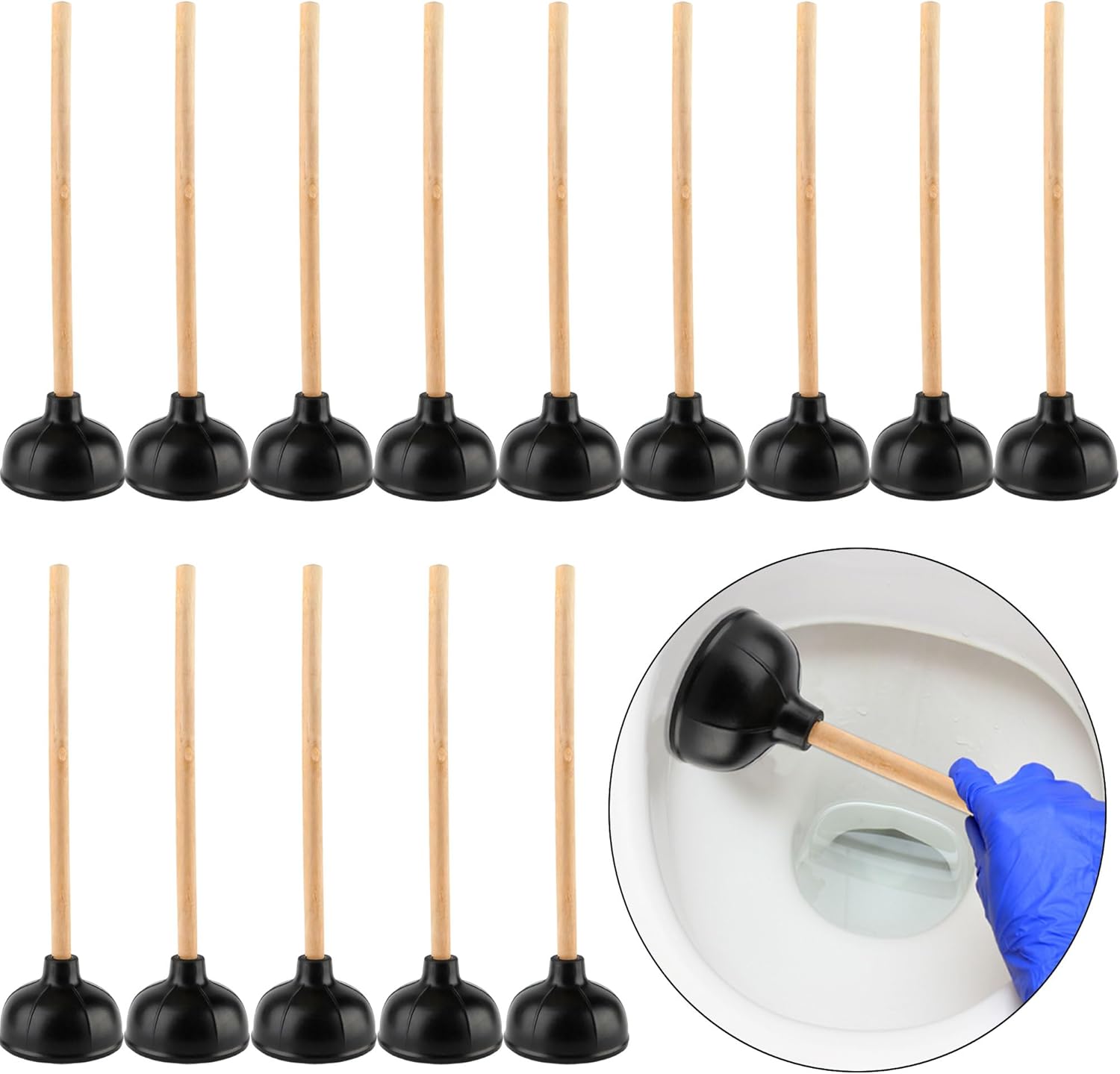 15 Pcs Toilet Plunger Bulk Double Thrust Rubber Force Suction Cup Long Wooden Handle Heavy Duty for Bathroom Commercial Stores Restaurants Toilet Bowl Pump Clogged