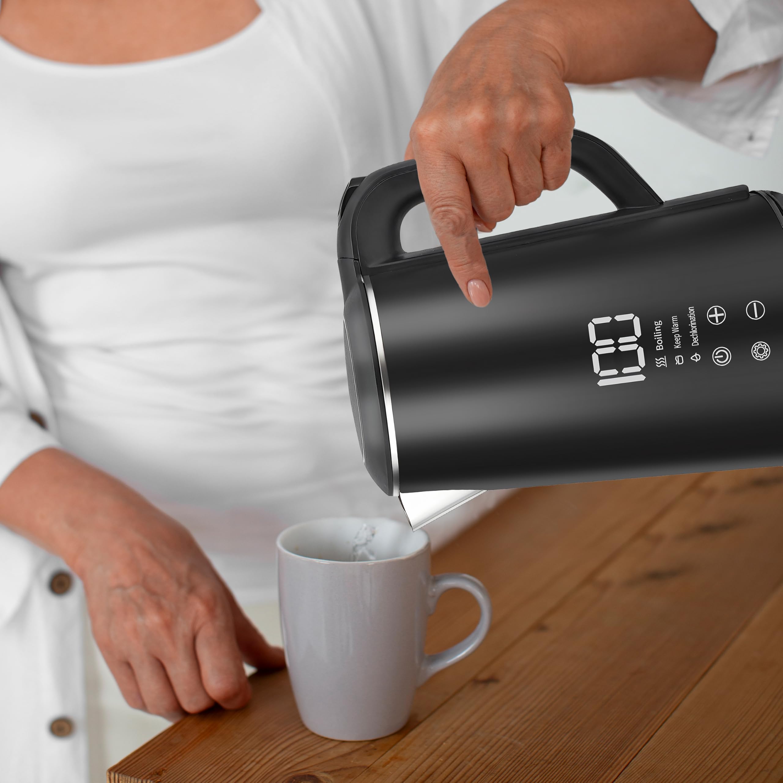Retoo Hervidor de Agua Eléctrico 1,6L con Pantalla Táctil LED 1500 W, Inalámbrico, Base de 360°, Interior de Acero Inoxidable sin BPA, Varios Niveles de Temperatura, Negro