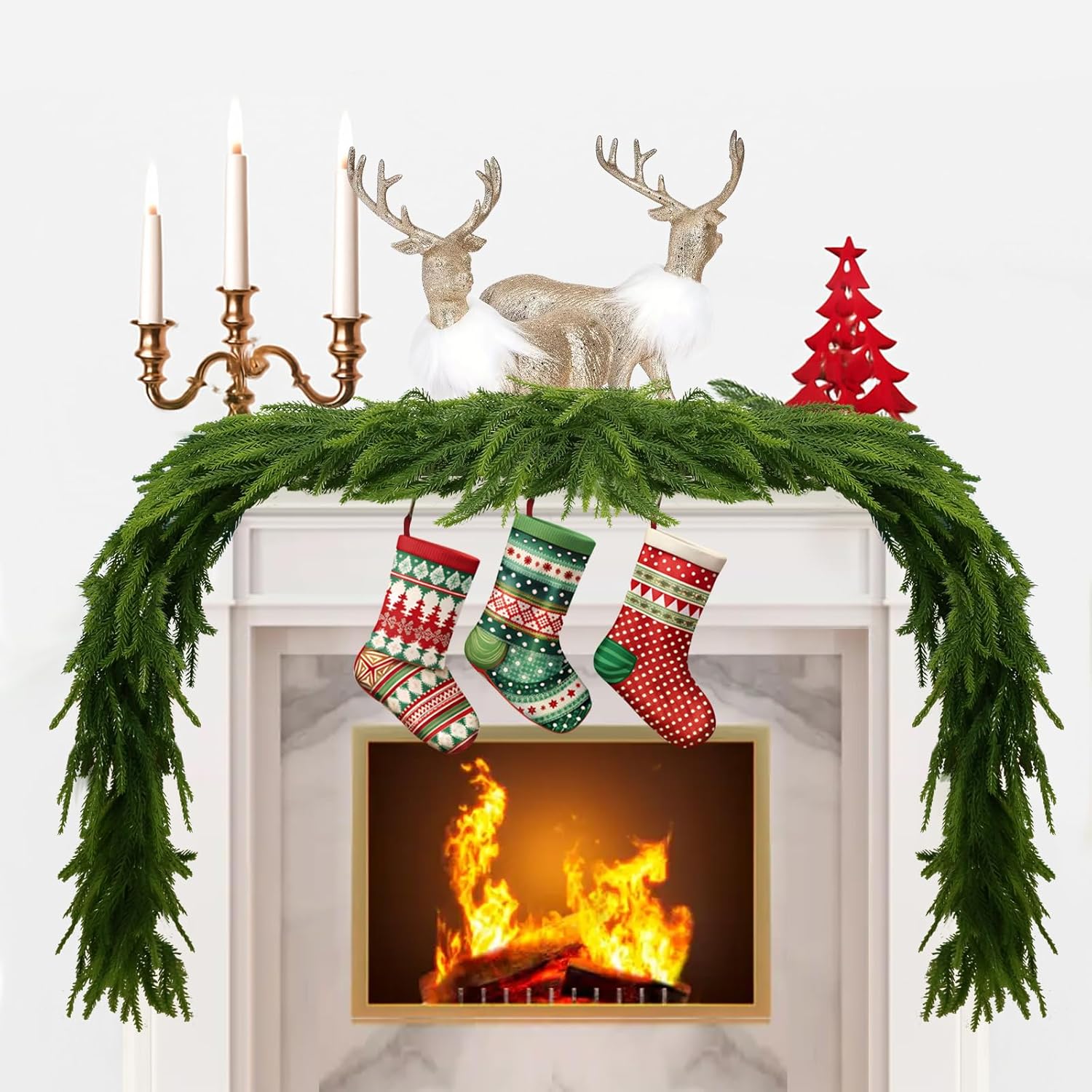 FUNANASUN 2 Pcs 6FT Artificial Norfolk Pine Garlands, Real Touch Full & Lush Christmas Garland, Dark Green Faux Greenery for Fireplace Mantle, Table, Stairs, Indoor Outdoor Decor (2-Pack)