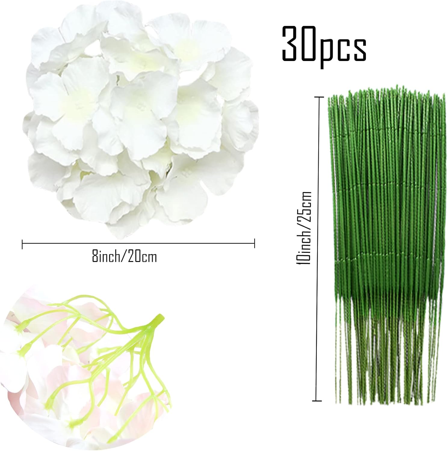 FagusHome 30 Pcs 8 Inch Big Silk Hydrangea Heads Artificial Flowers Heads with Stems Fake Hydrangea Flowers for Décor