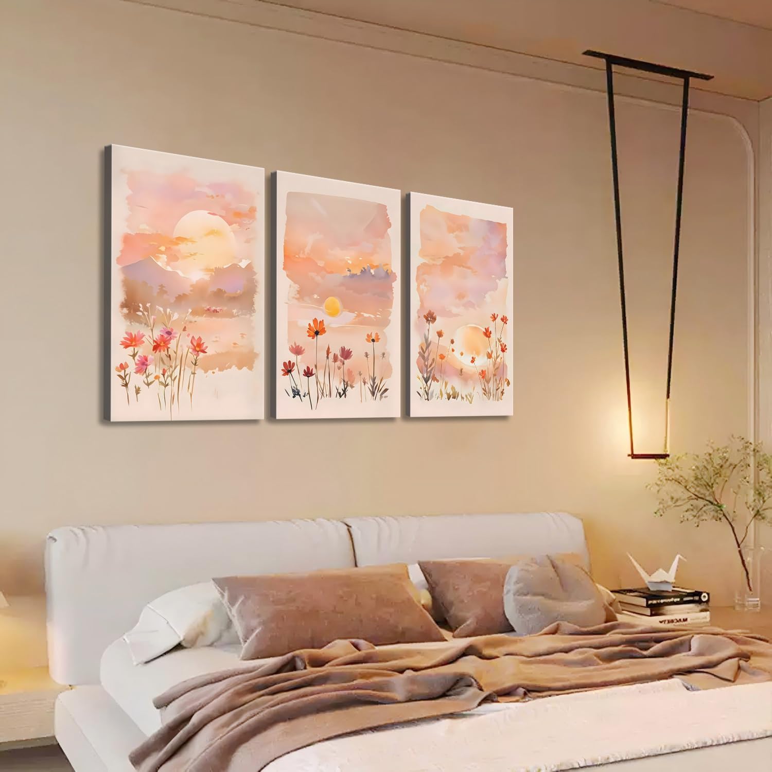 Eysintum 3 Panel Blush Sunset Wall Art, Watercolor Floral Canvas Prints, Wildflower Landscape Artwork, Boho Aesthetic Pink Nature Decor for Bedroom Living Room Home Office, Rustic Botanical Art, Ready to Hang 12x16in