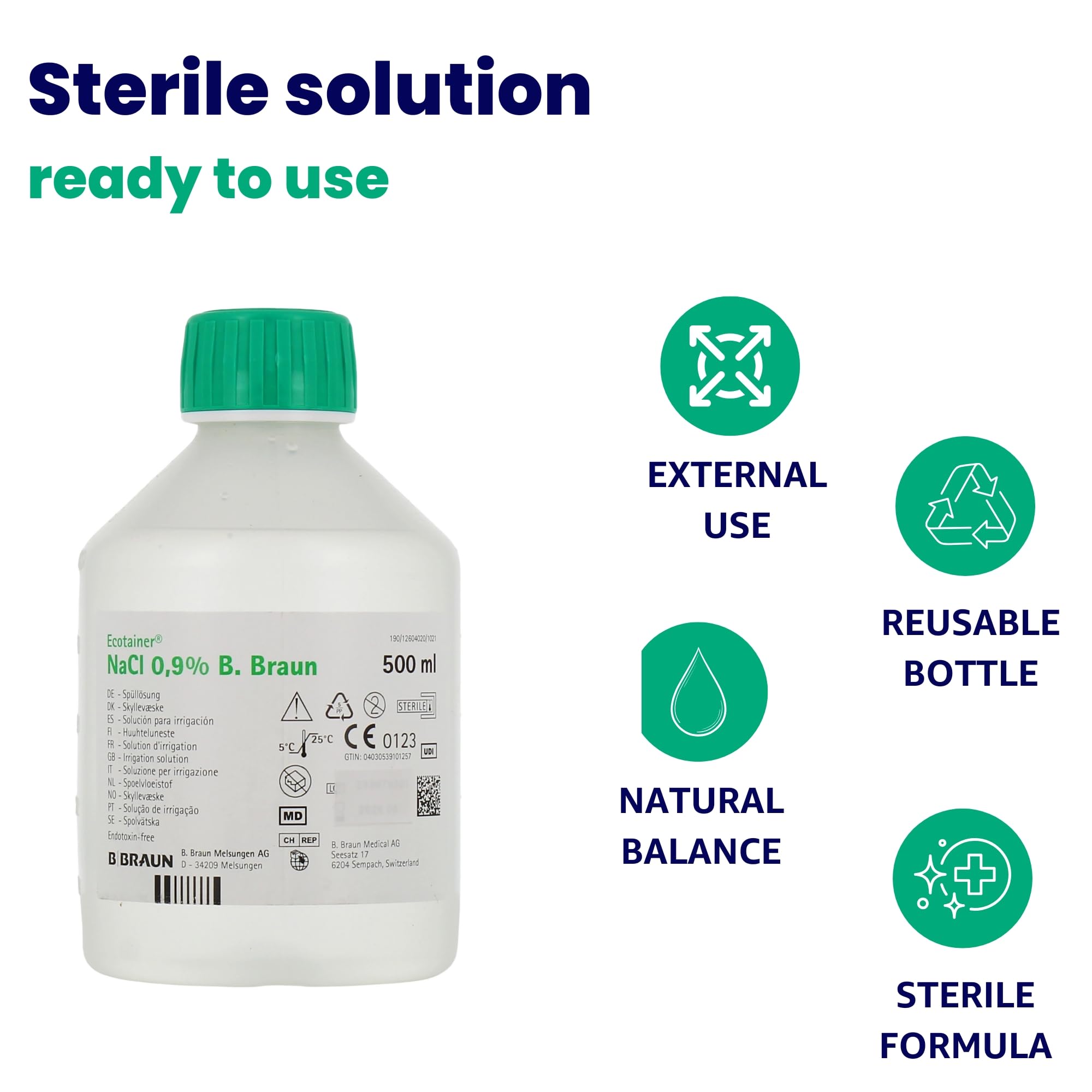 B.Braun 10 x 500 ml NaCl 0,9% Solución fisiológica isotónica 0,9 solución salina para limpieza de heridas para bebés, solución salina para lavado nasal