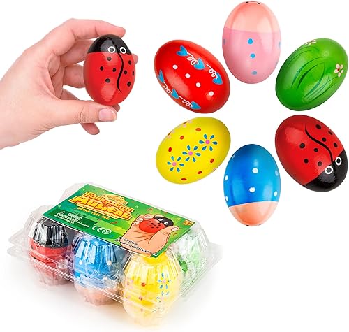 IPIDIPI TOYS Maracas para huevos de Pascua para niños, paquete de 6 instrumentos de percusión musical de madera, juguete de sonido Montessori,