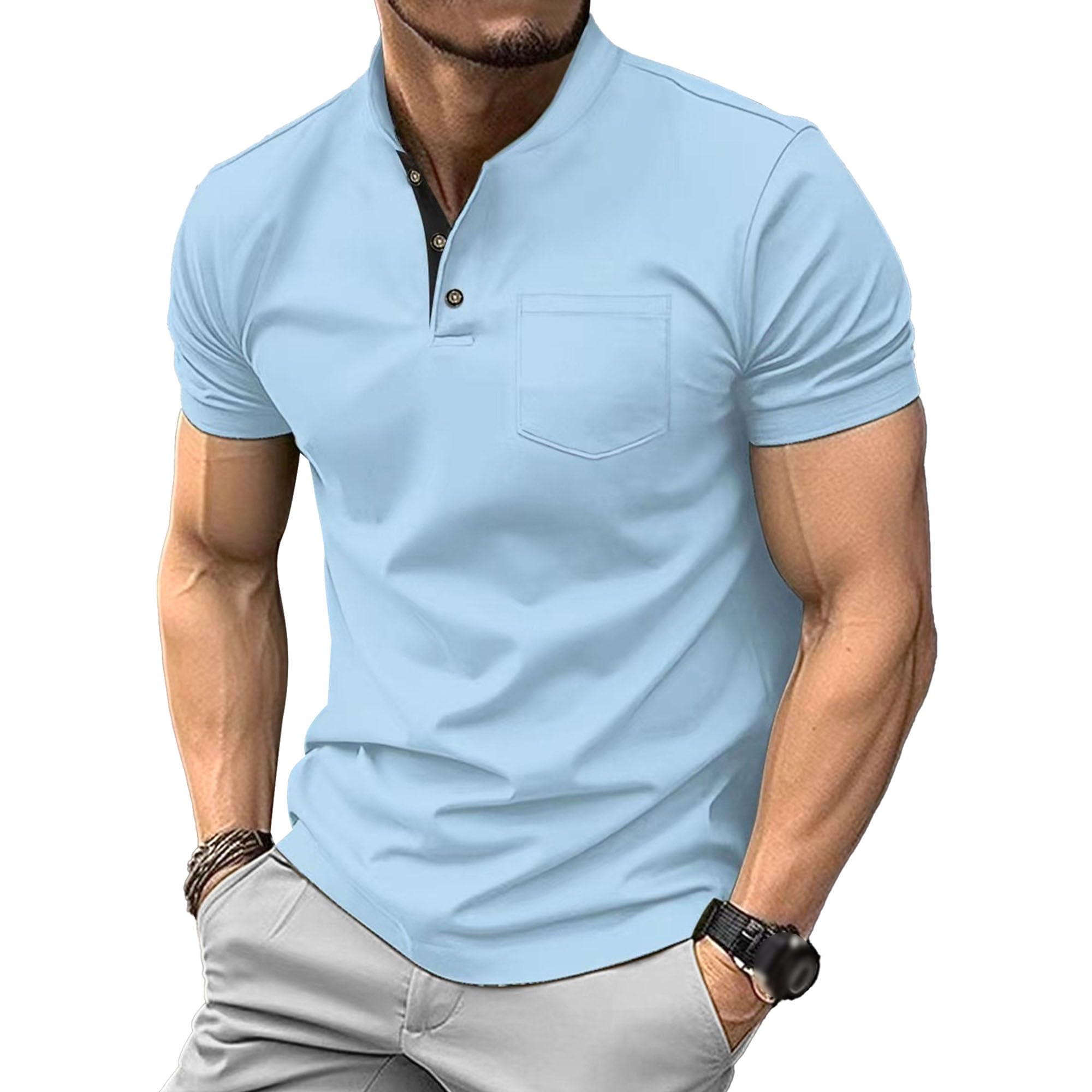 Men Classic Comfy Chest Pocket T-Shirt Quarter Button Relaxed Fit Polo Shirts Summer Business Pullover Tops (Light Blue,Small)