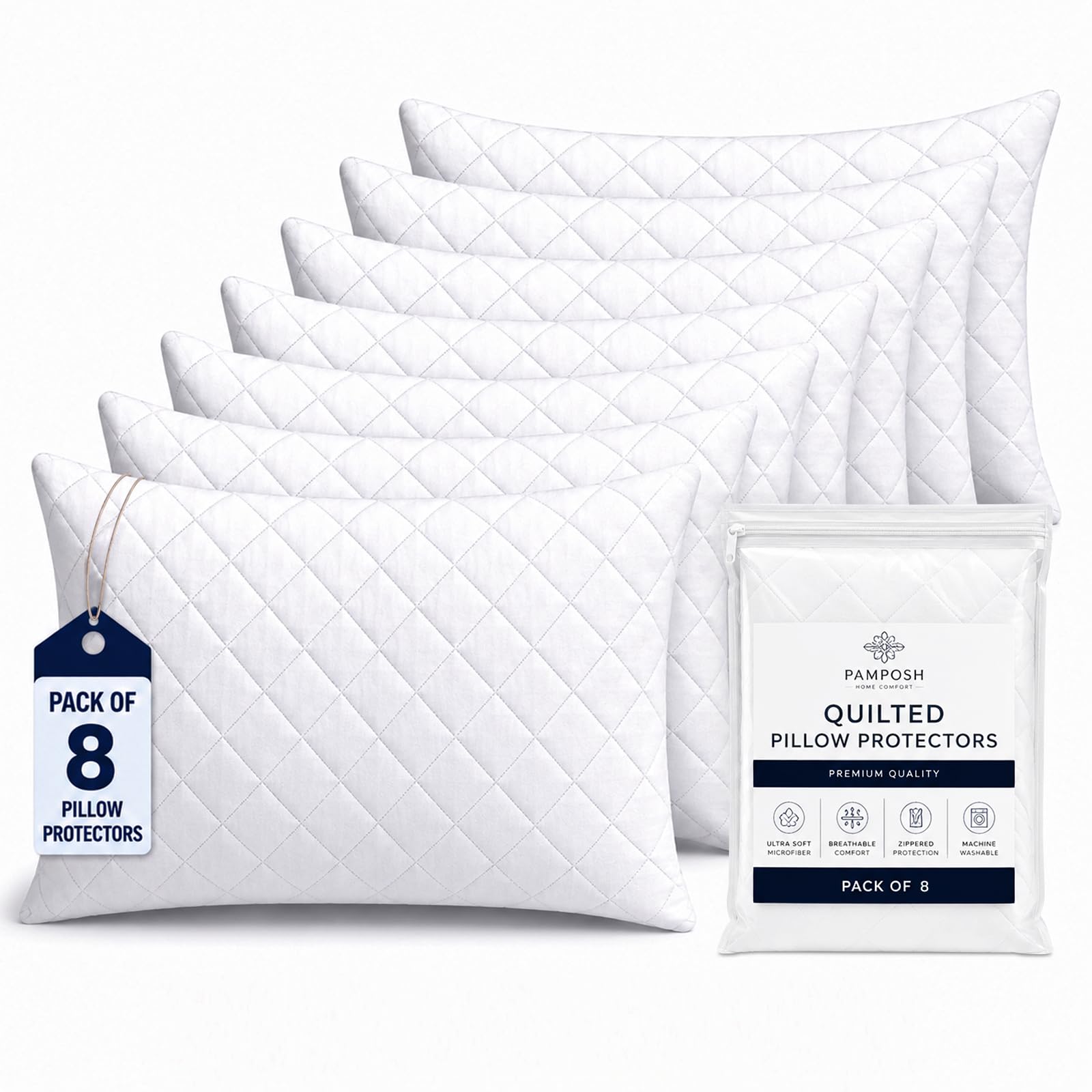 Pamposh Quilted Pillow Protectors Pack of 8, Soft Microfiber Pillow Covers