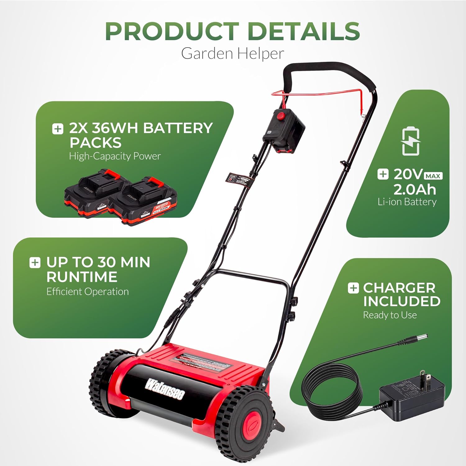 Walensee 16 Cordless Electric Reel Lawn Mower, Battery Powered Push Mower with 2×36Wh Batteries, 380W Motor 22500RPM, Precision Reel Lawn Mower for Small Yard, Garden & Golf Green