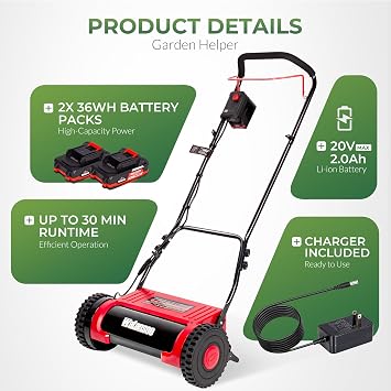 Walensee 16-Inch Cordless Electric Reel Lawn Mower with 2 Batteries