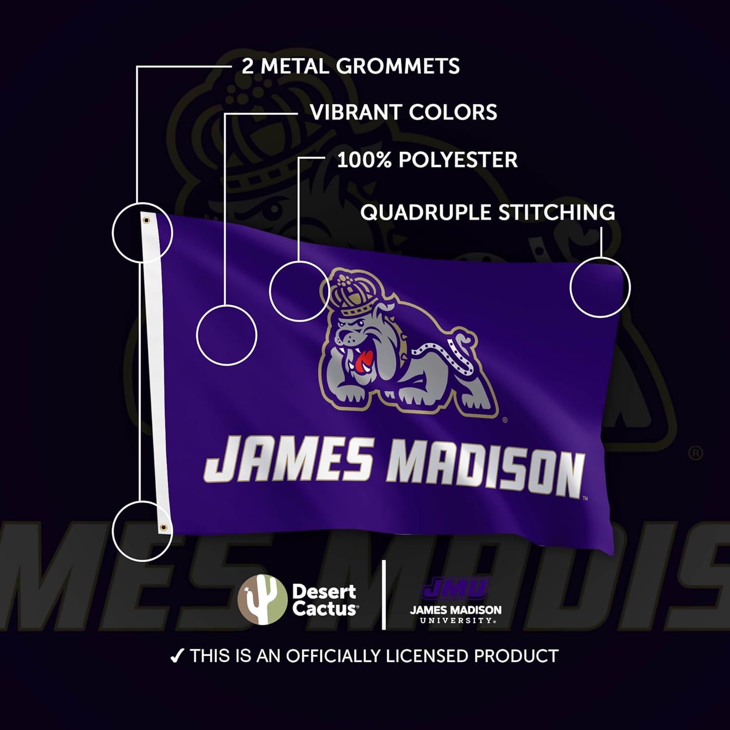 Desert Cactus James Madison University JMU Flag - 3 x 5 Feet Dukes Banner, Indoor/Outdoor Durable Fabric, 100% Polyester Design (Style 2)