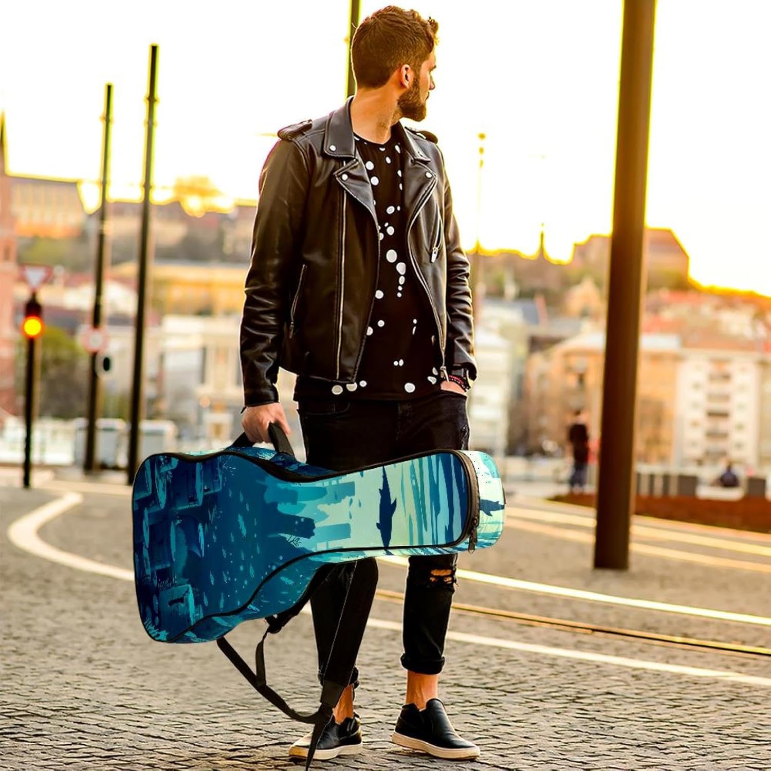 40 41 42 Inch Acoustic Guitar Bag, 0.4 In Thick Sponge Padded Guitar Case Gig Bag with Back Hanger Loop and 2 Pockets, Underwater Life Ocean Animals Plants Coral