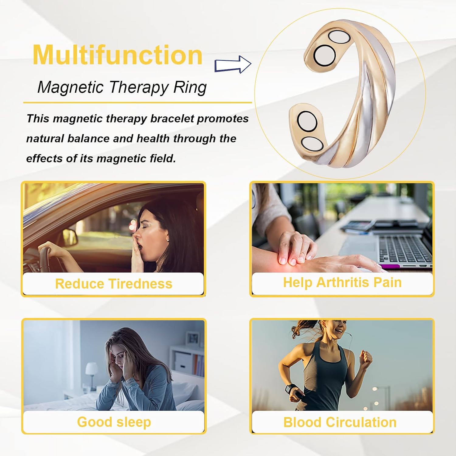 Copper Rings for Women, 2PCS Set Three Color Gold Adjustable Magnetic Therapy Ring,Copper Jewelry (C)