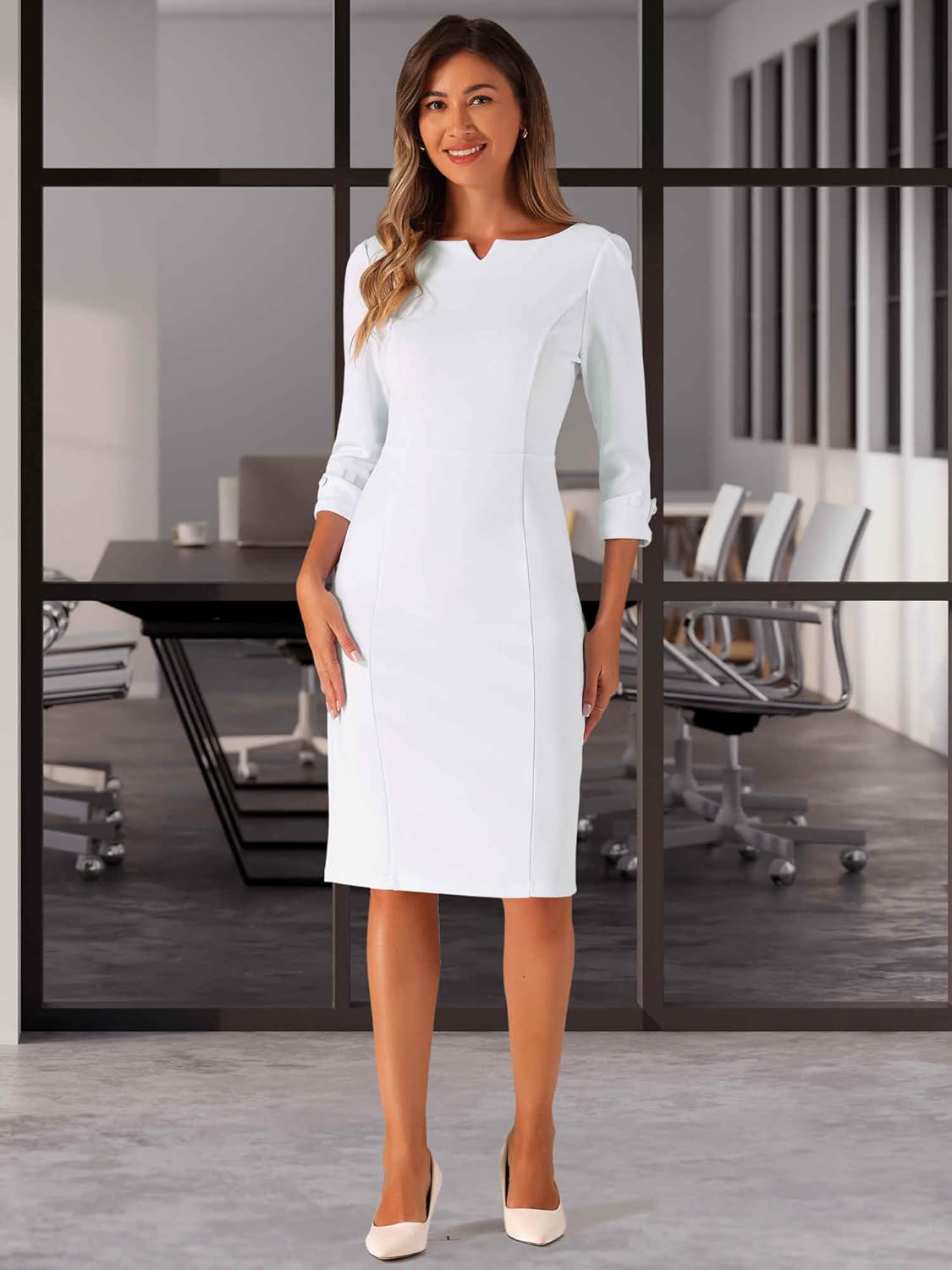 Allegra K Work Dress for Women 3/4 Sleeve Boat Neck Back Slit Business Bodycon Elegant Sheath Dresses - Image 3