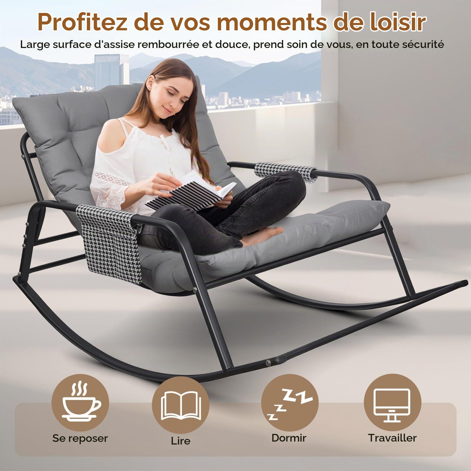 Fauteuil a Bascule d'Intérieur et d'Extérieur, Charge 150kg Chaise a Bascule Surdimensionnée, Rocking Chair Coussin Confortable Utilisation Intérieur/Extérieur pour Salon, Jardin (Gris)
