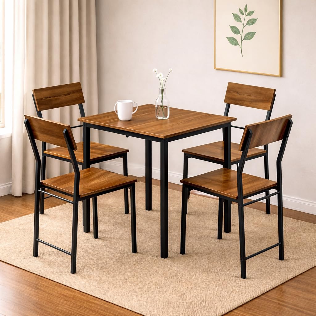 4 seater dining table set with chairs | wooden square dining table with metal frame | compact dining furniture for small family, apartment, café, restaurant, office & pg (dark maple)