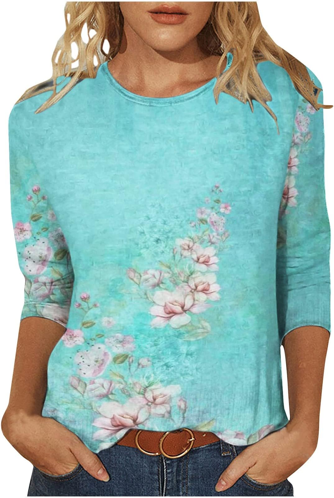 T Shirts for Women Fashion Printed T-Shirt Mid-Length 3/4 Sleeves Summer Casual Blouse Round Neck Casual Tunics Tops