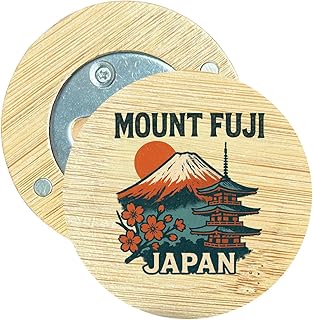 Mount Fuji Japan Vintage Souvenir Design Round Wood Magnetic Bottle Opener 2.5”