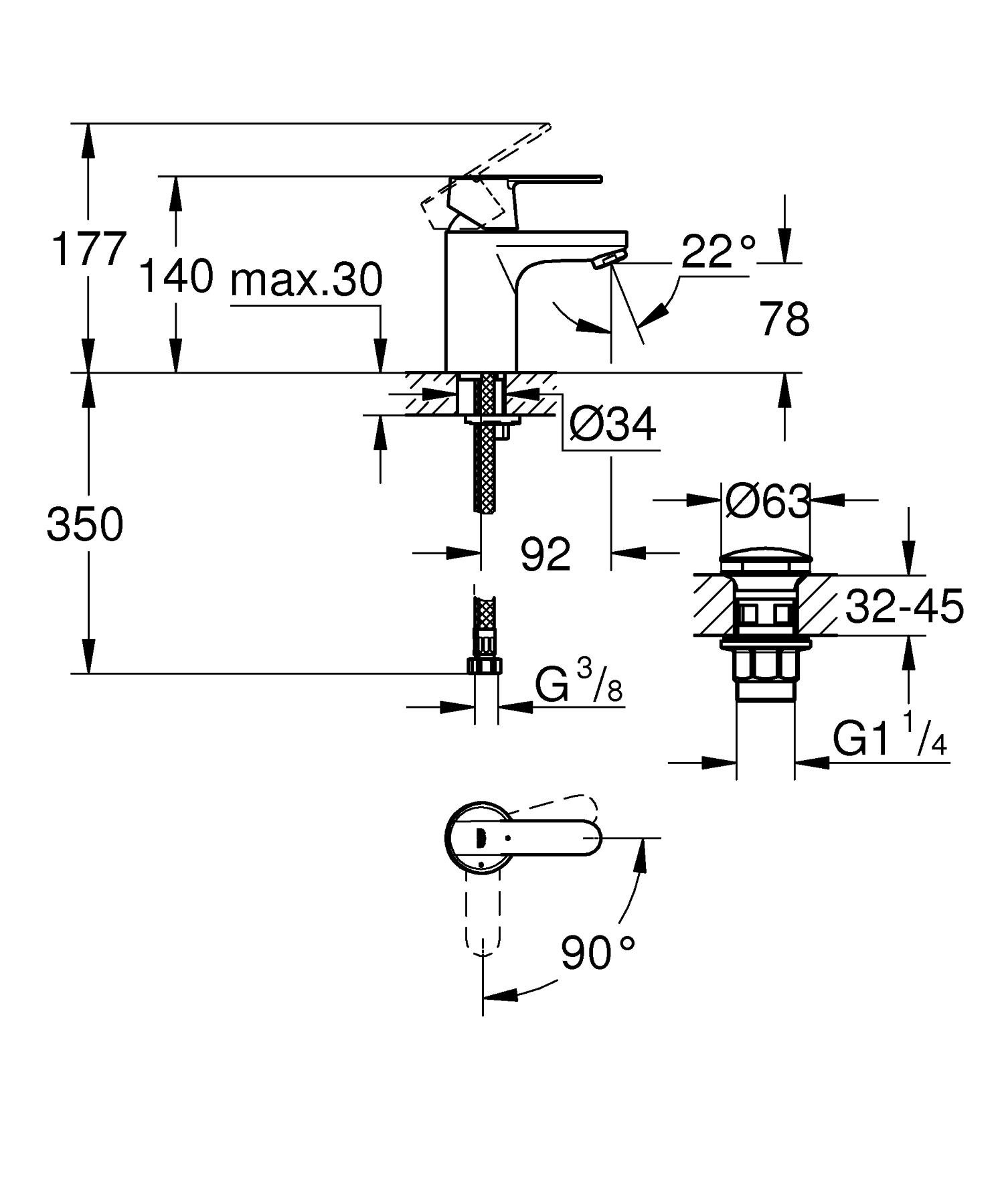 Grohe Get QuickFix - Grifo de lavabo monomando S (vaciador push-open, menor consumo de agua, instalación rápida, altura 140 mm), cromo, 23586000