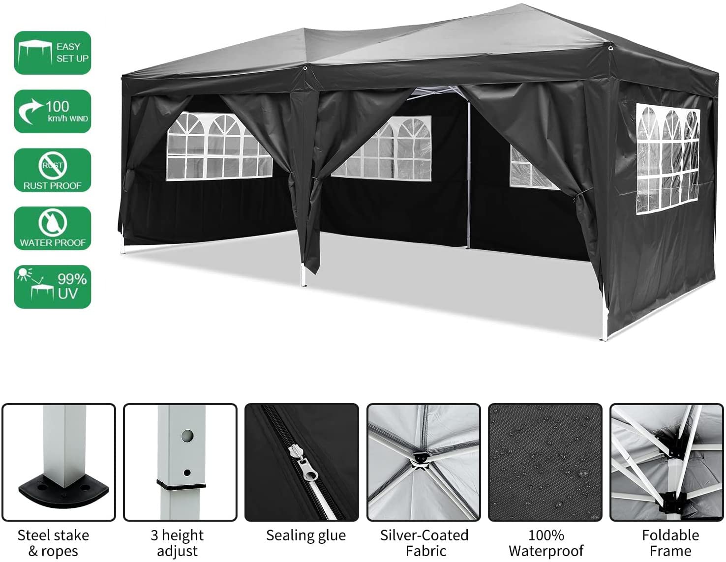 COBIZI Gazebo pieghevole 3 x 6 cm, impermeabile, resistente all'inverno, pop-up, pieghevole, 3 x 6 cm, con 6 bordi laterali, 3 altezze regolabili, protezione UV, per feste, mercato, eventi all'aperto