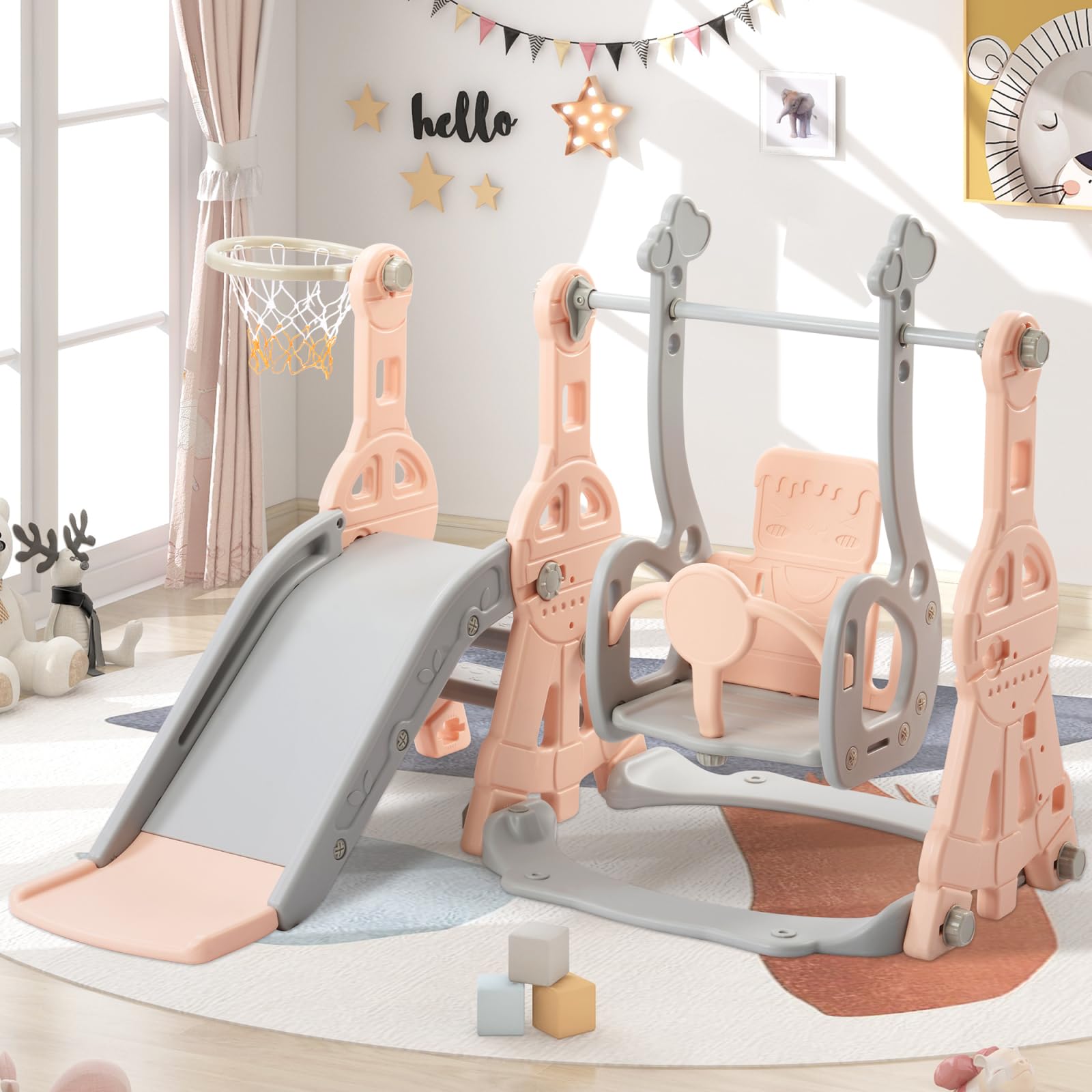 JOROBURO Tobogán infantil 4 en 1, para interiores y exteriores, con columpio y canasta de baloncesto, incluye escalera para trepar, ideal para la familia, el jardín y los parques infantiles (rosa)